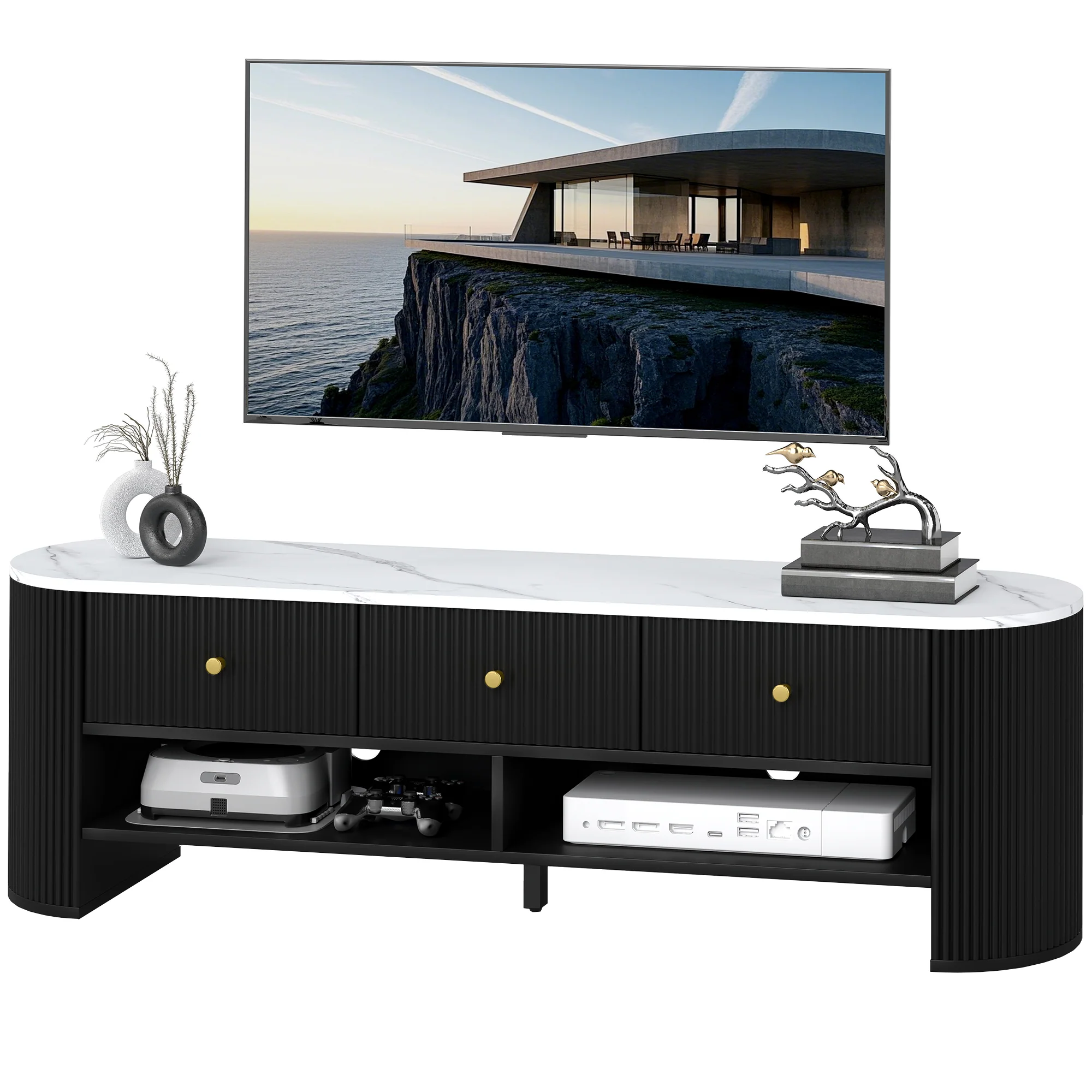 Meuble TV 140 cm, meuble télé pour téléviseur 32-65 pouces effet marbre avec 3 tiroirs façades à cannelures, 2 étagères ouvertes et 2 trous pour câbles, banc TV moderne, noir