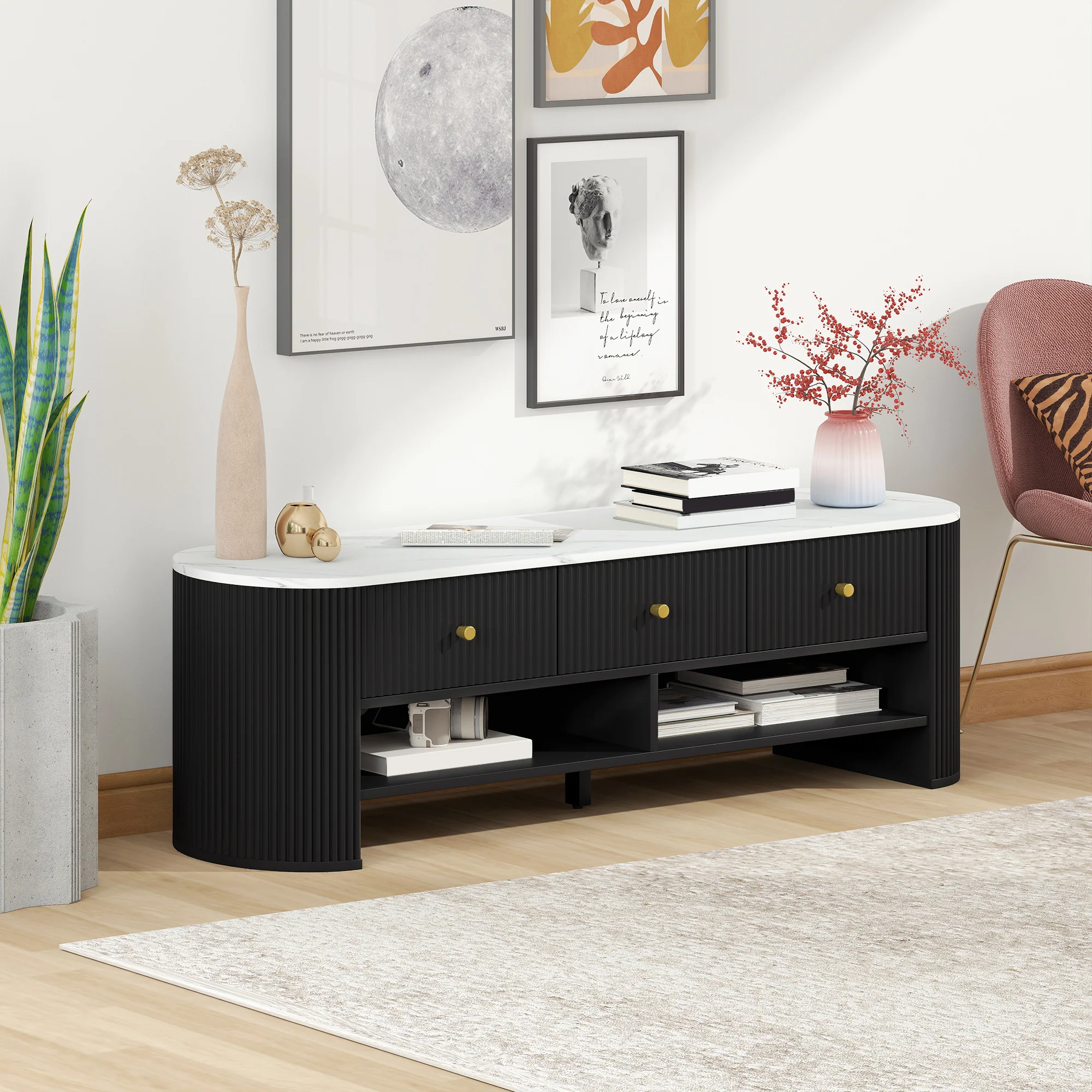 Meuble TV 140 cm, meuble télé pour téléviseur 32-65 pouces effet marbre avec 3 tiroirs façades à cannelures, 2 étagères ouvertes et 2 trous pour câbles, banc TV moderne, noir - Image 10