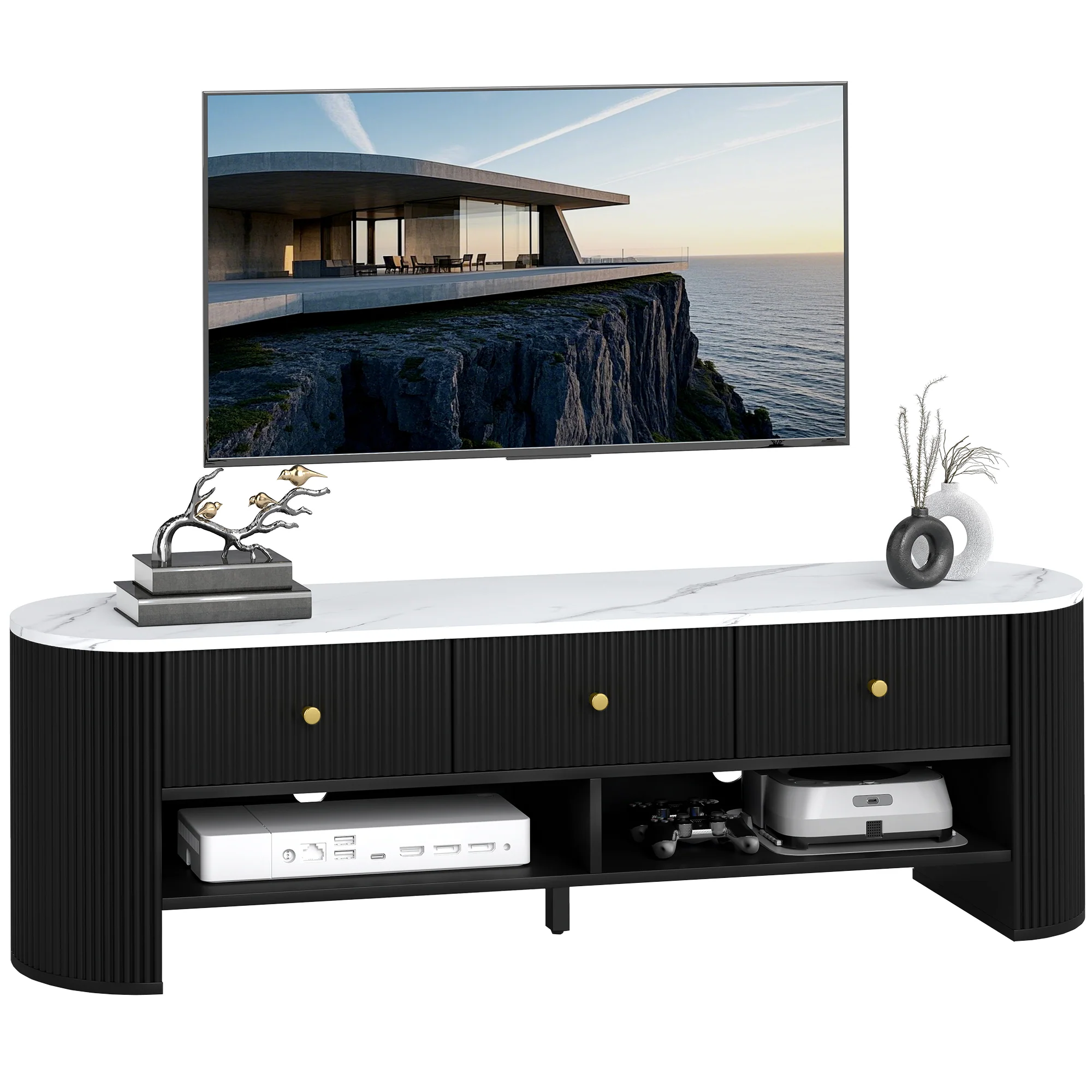 Meuble TV 140 cm, meuble télé pour téléviseur 32-65 pouces effet marbre avec 3 tiroirs façades à cannelures, 2 étagères ouvertes et 2 trous pour câbles, banc TV moderne, noir - Image 11