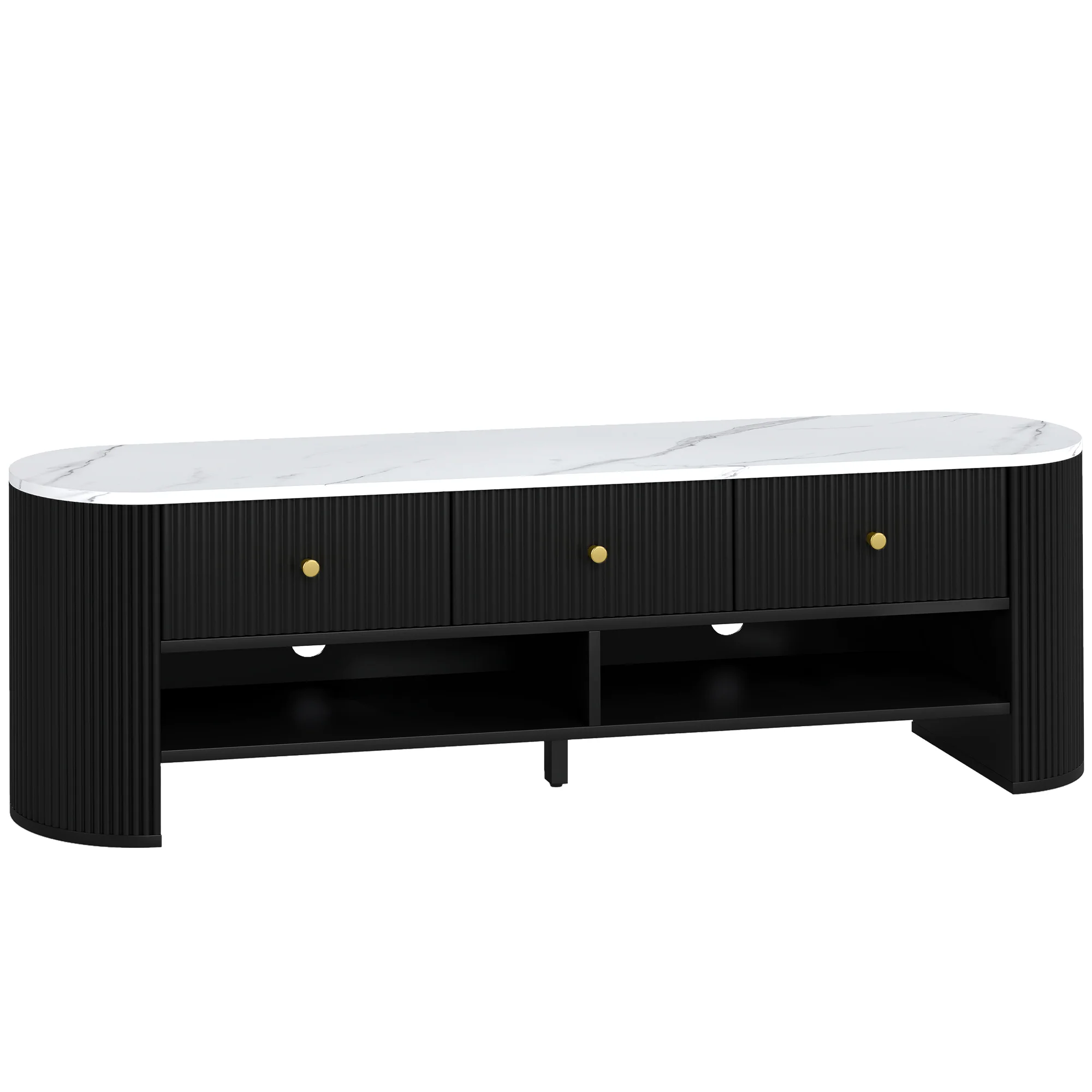 Meuble TV 140 cm, meuble télé pour téléviseur 32-65 pouces effet marbre avec 3 tiroirs façades à cannelures, 2 étagères ouvertes et 2 trous pour câbles, banc TV moderne, noir - Image 2