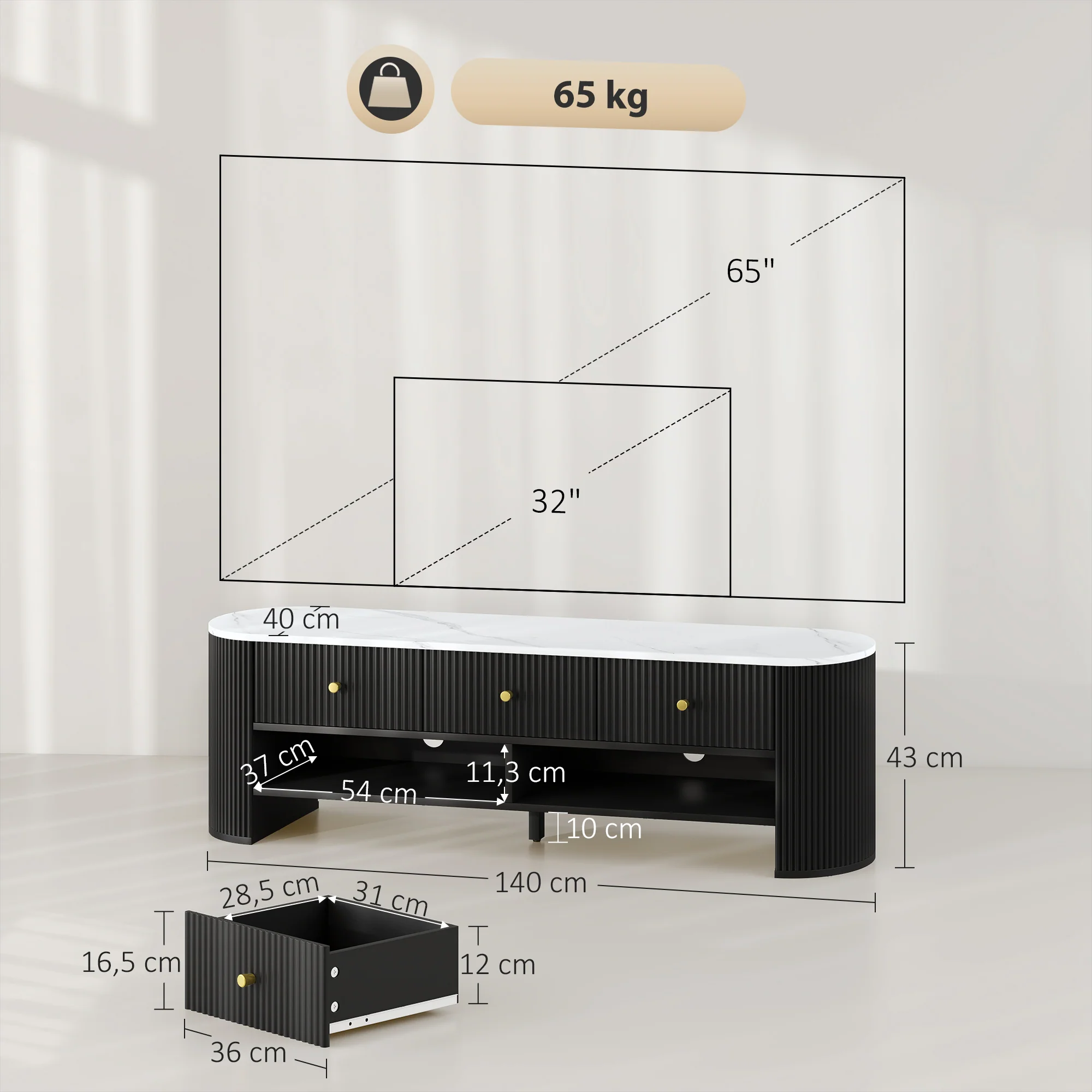 Meuble TV 140 cm, meuble télé pour téléviseur 32-65 pouces effet marbre avec 3 tiroirs façades à cannelures, 2 étagères ouvertes et 2 trous pour câbles, banc TV moderne, noir - Image 4