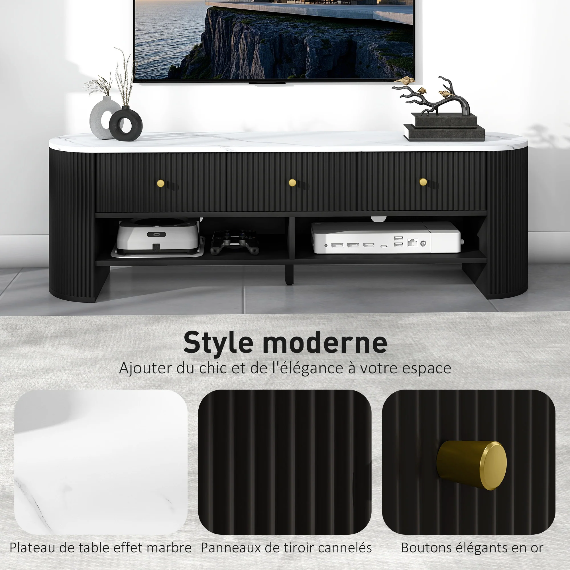 Meuble TV 140 cm, meuble télé pour téléviseur 32-65 pouces effet marbre avec 3 tiroirs façades à cannelures, 2 étagères ouvertes et 2 trous pour câbles, banc TV moderne, noir - Image 5