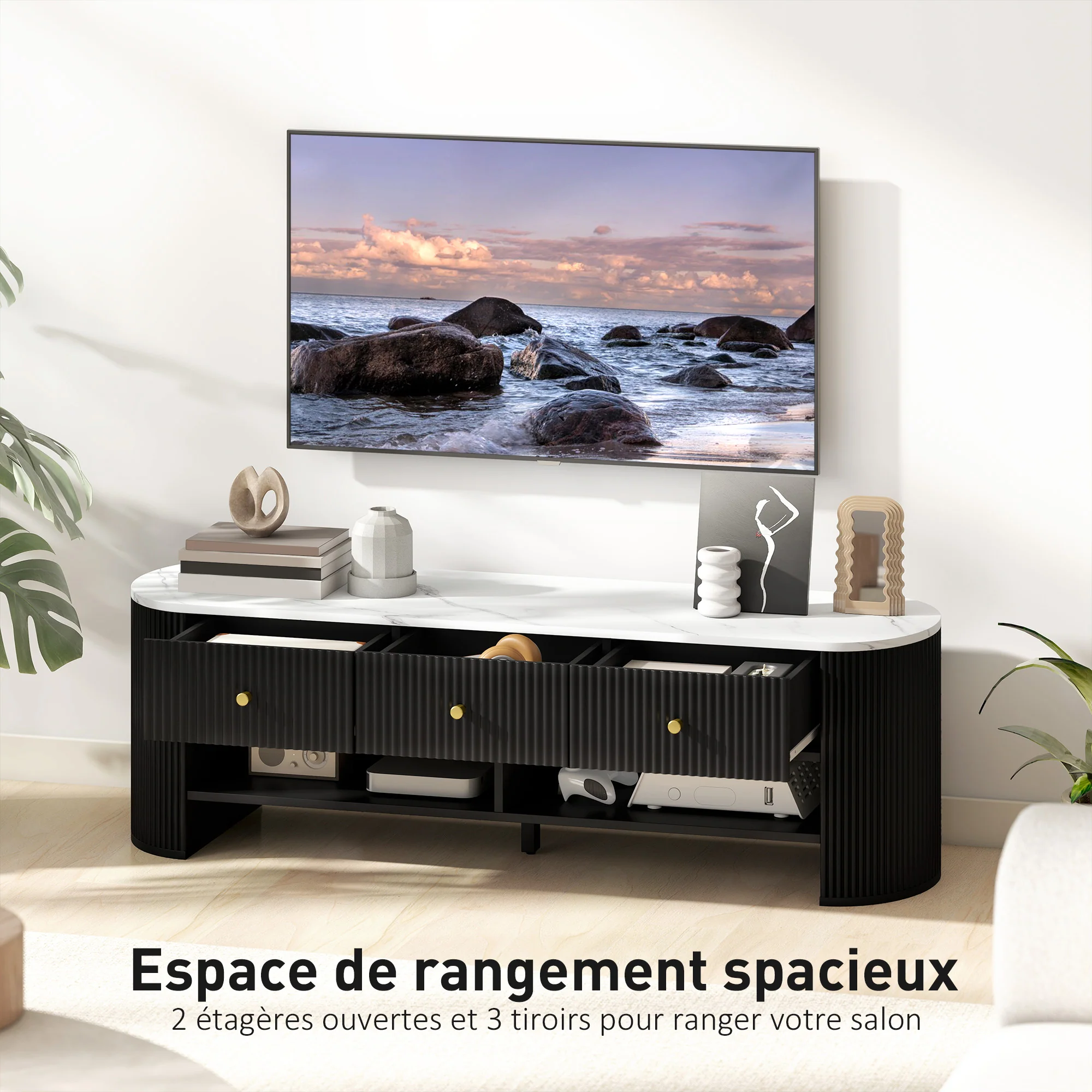 Meuble TV 140 cm, meuble télé pour téléviseur 32-65 pouces effet marbre avec 3 tiroirs façades à cannelures, 2 étagères ouvertes et 2 trous pour câbles, banc TV moderne, noir - Image 6