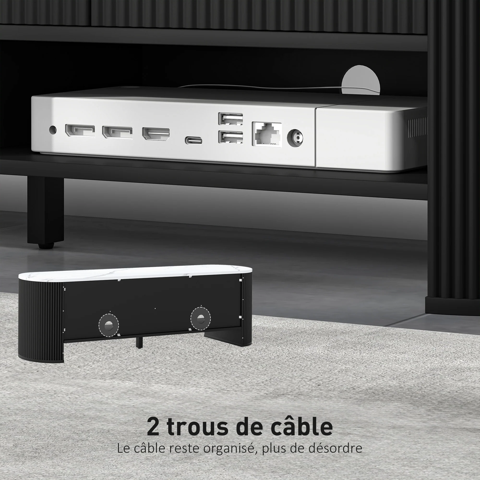 Meuble TV 140 cm, meuble télé pour téléviseur 32-65 pouces effet marbre avec 3 tiroirs façades à cannelures, 2 étagères ouvertes et 2 trous pour câbles, banc TV moderne, noir - Image 7