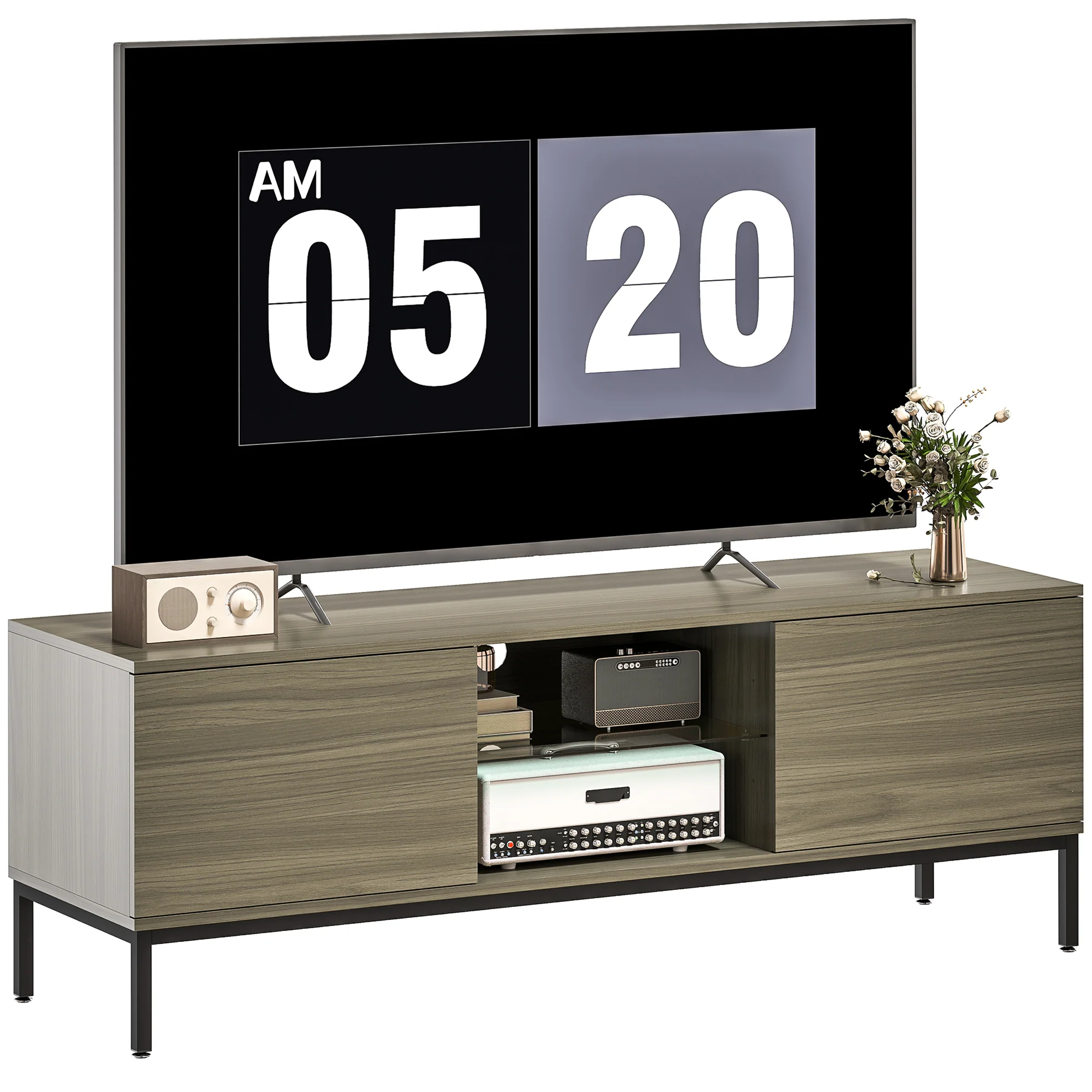 Meuble TV 140 cm, meuble télé pour téléviseur jusqu'à 60 pouces avec 2 portes et étagère en verre réglable, banc TV moderne pour salon, chambre à coucher, gris - Image 11