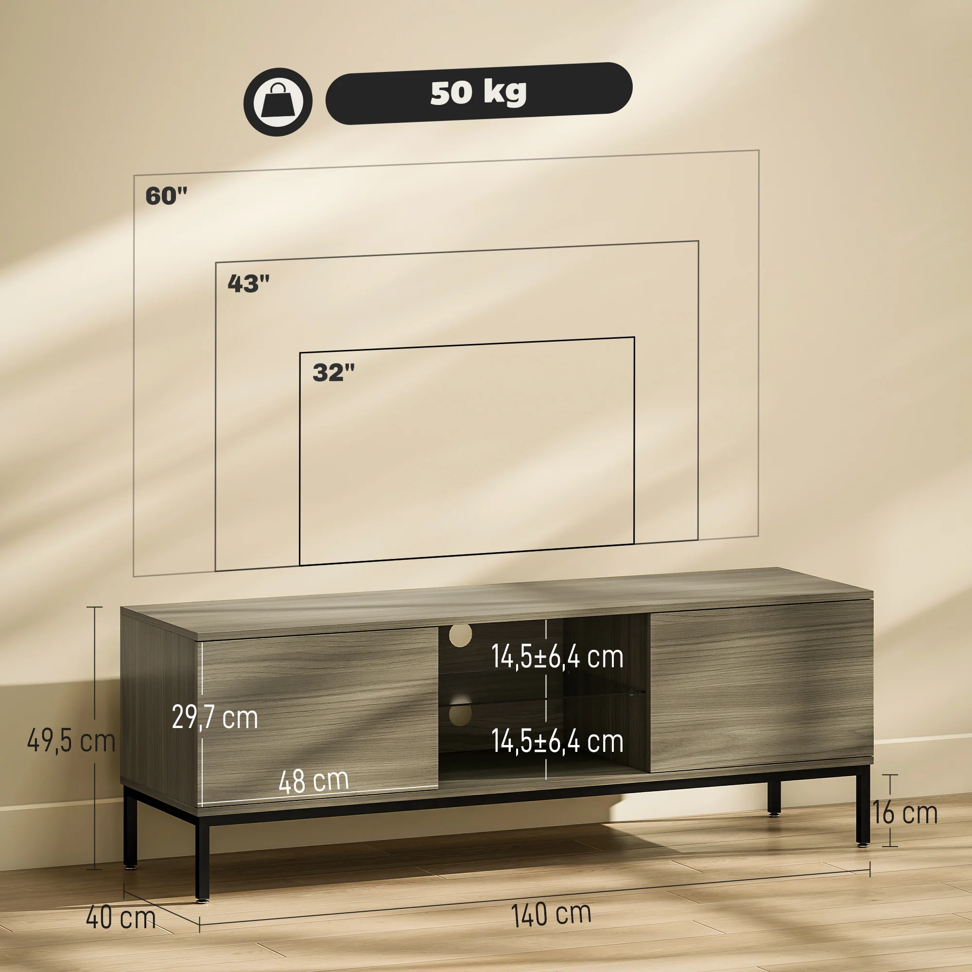 Meuble TV 140 cm, meuble télé pour téléviseur jusqu'à 60 pouces avec 2 portes et étagère en verre réglable, banc TV moderne pour salon, chambre à coucher, gris - Image 4