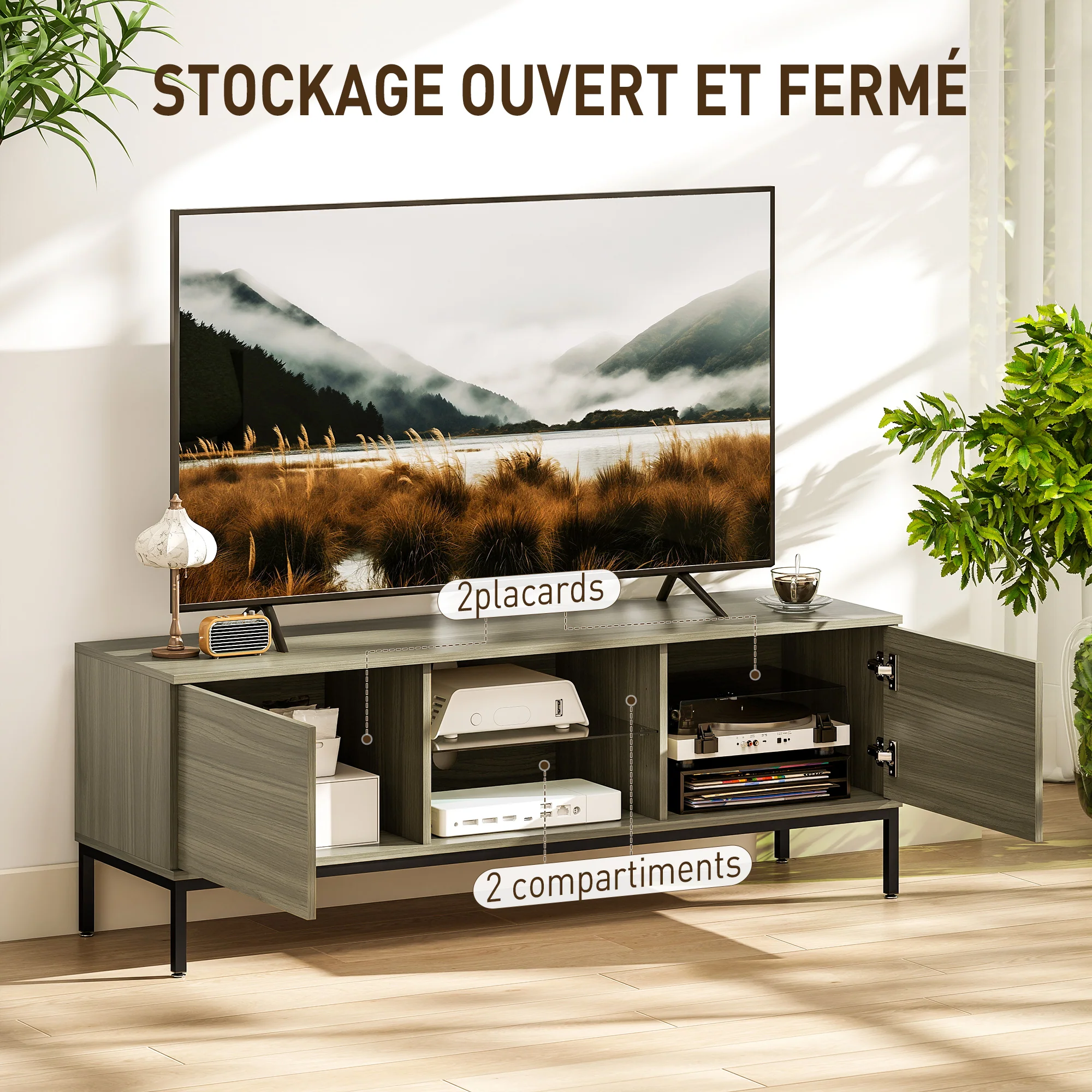 Meuble TV 140 cm, meuble télé pour téléviseur jusqu'à 60 pouces avec 2 portes et étagère en verre réglable, banc TV moderne pour salon, chambre à coucher, gris - Image 5