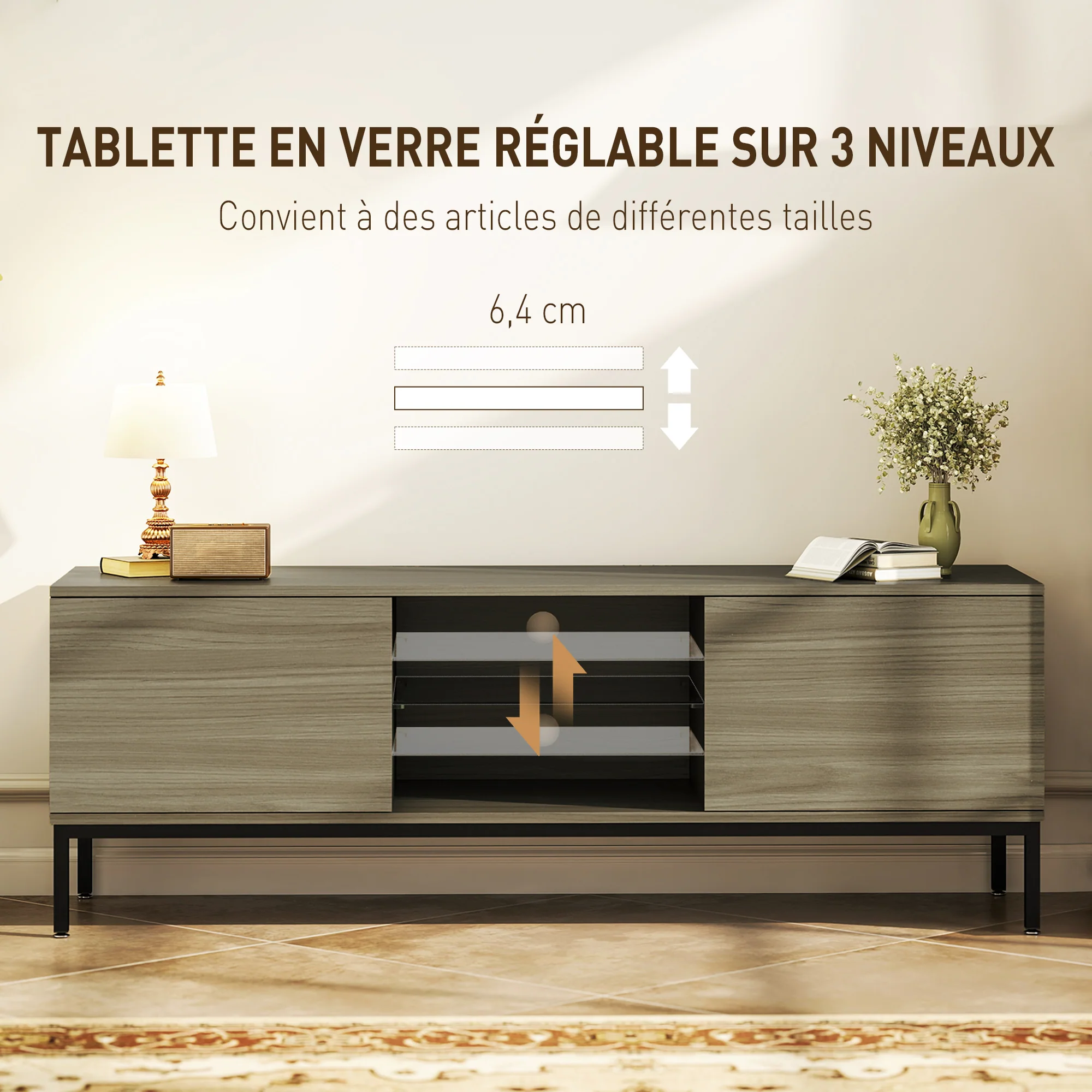 Meuble TV 140 cm, meuble télé pour téléviseur jusqu'à 60 pouces avec 2 portes et étagère en verre réglable, banc TV moderne pour salon, chambre à coucher, gris - Image 6