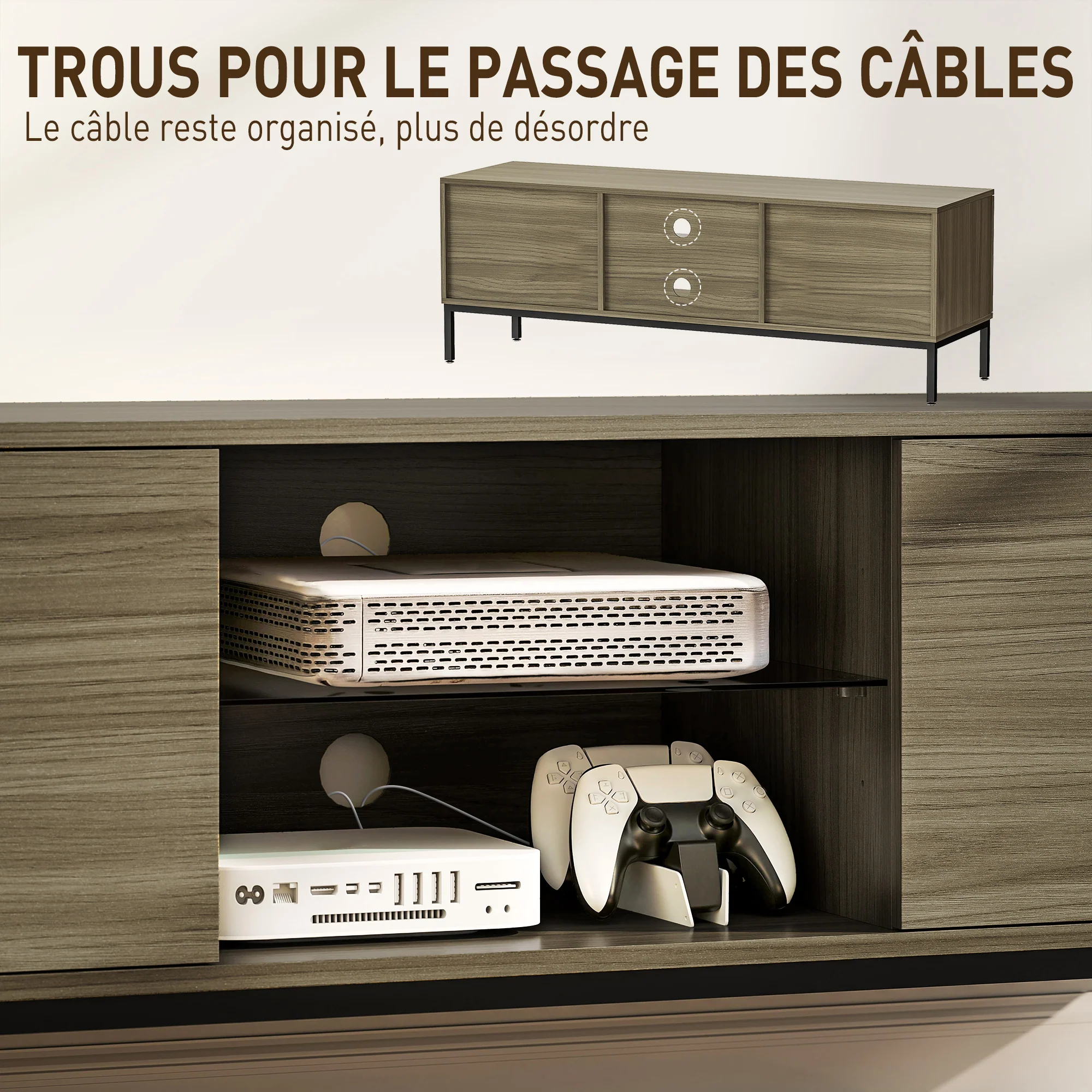 Meuble TV 140 cm, meuble télé pour téléviseur jusqu'à 60 pouces avec 2 portes et étagère en verre réglable, banc TV moderne pour salon, chambre à coucher, gris - Image 7