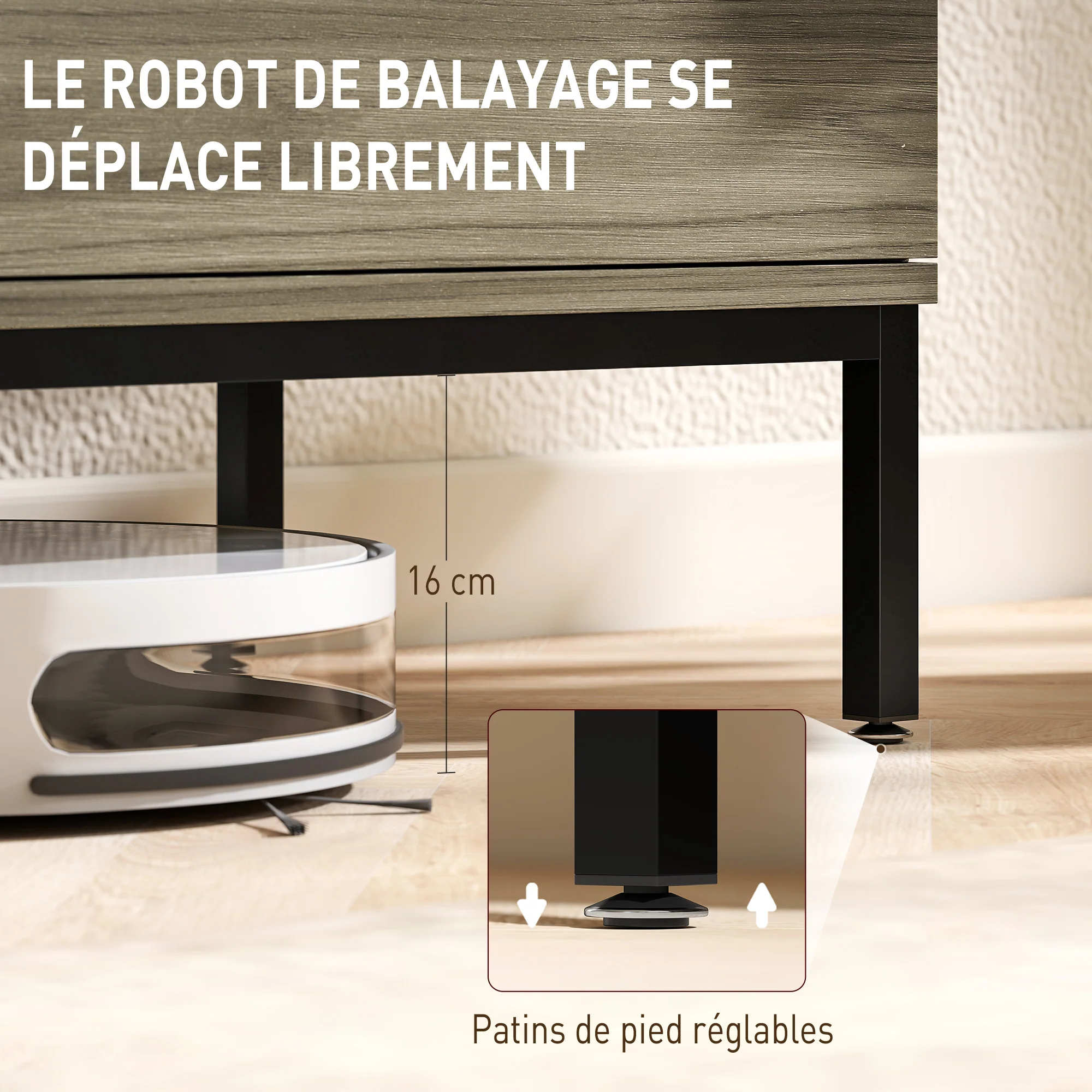 Meuble TV 140 cm, meuble télé pour téléviseur jusqu'à 60 pouces avec 2 portes et étagère en verre réglable, banc TV moderne pour salon, chambre à coucher, gris - Image 8