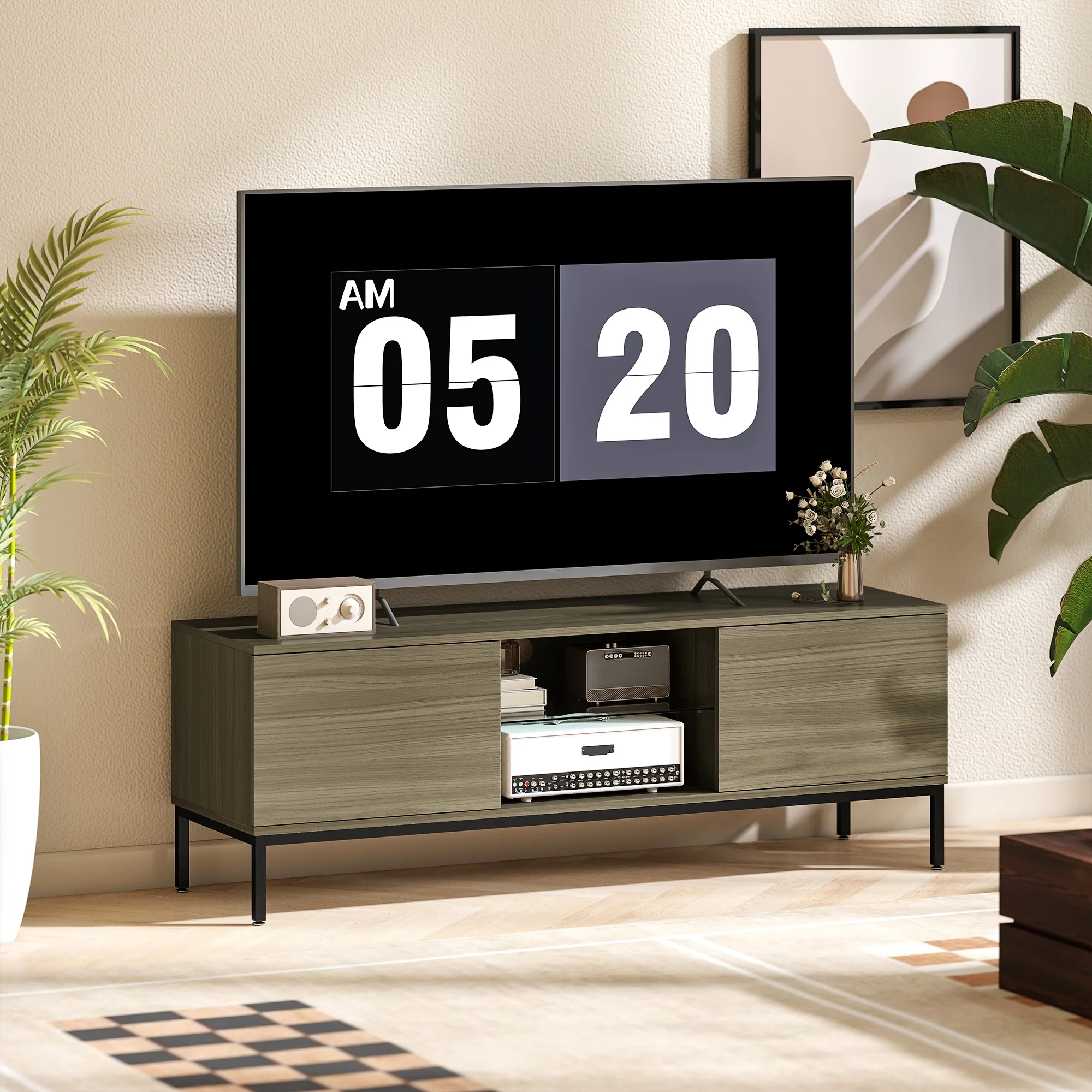 Meuble TV 140 cm, meuble télé pour téléviseur jusqu'à 60 pouces avec 2 portes et étagère en verre réglable, banc TV moderne pour salon, chambre à coucher, gris - Image 9