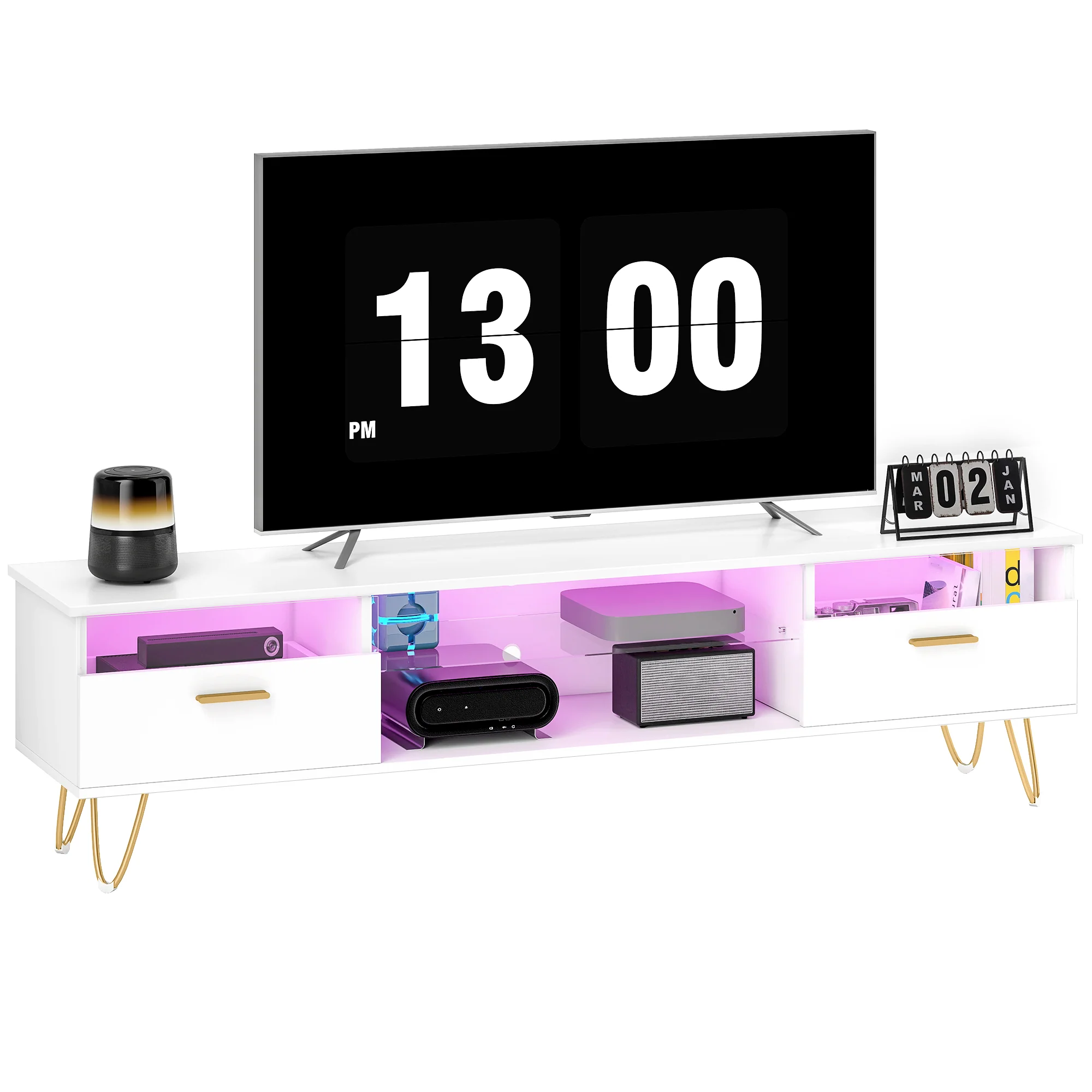 Meuble TV avec LED RGB de 16 couleurs meuble télé pour téléviseur jusqu'à 42 à 120 pouces avec 2 tiroirs et étagère ouverte, banc TV moderne pour salon chambre à coucher, 160x35x42cm, blanc - Image 11
