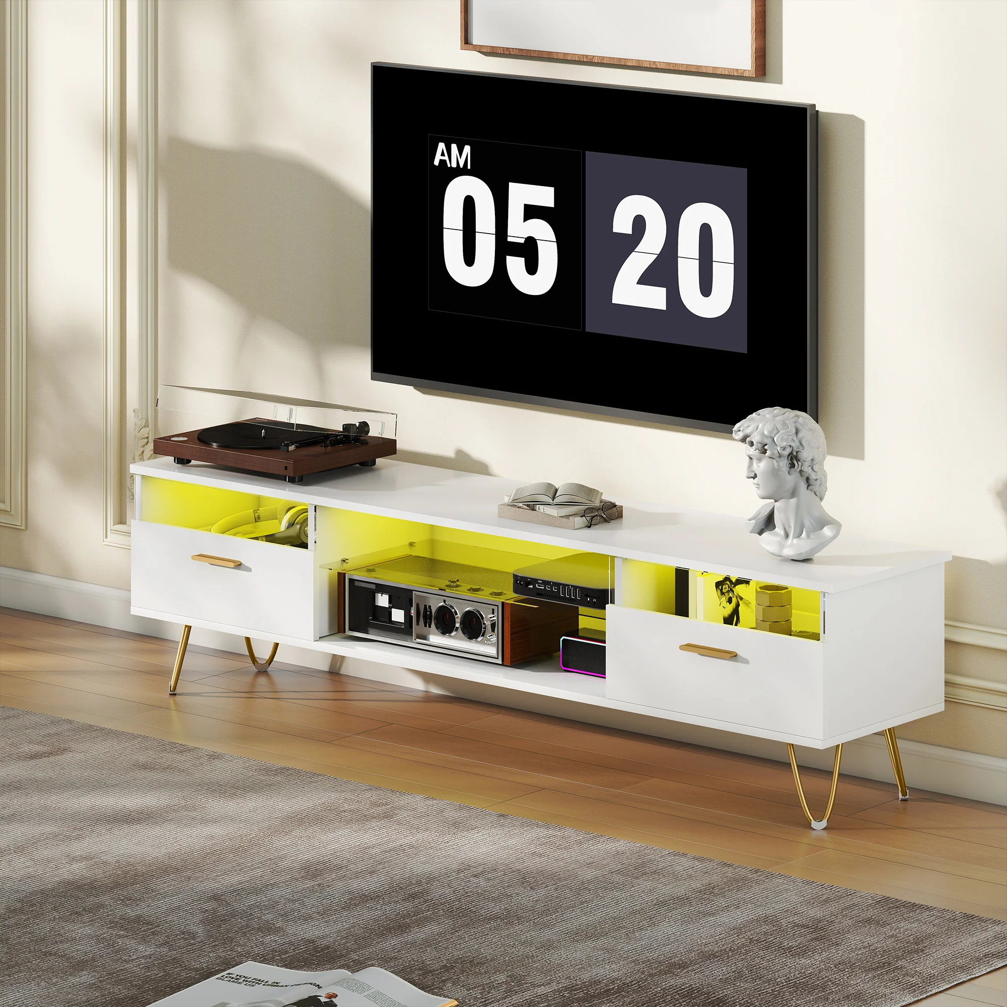 Meuble TV avec LED RGB de 16 couleurs meuble télé pour téléviseur jusqu'à 42 à 120 pouces avec 2 tiroirs et étagère ouverte, banc TV moderne pour salon chambre à coucher, 160x35x42cm, blanc - Image 3