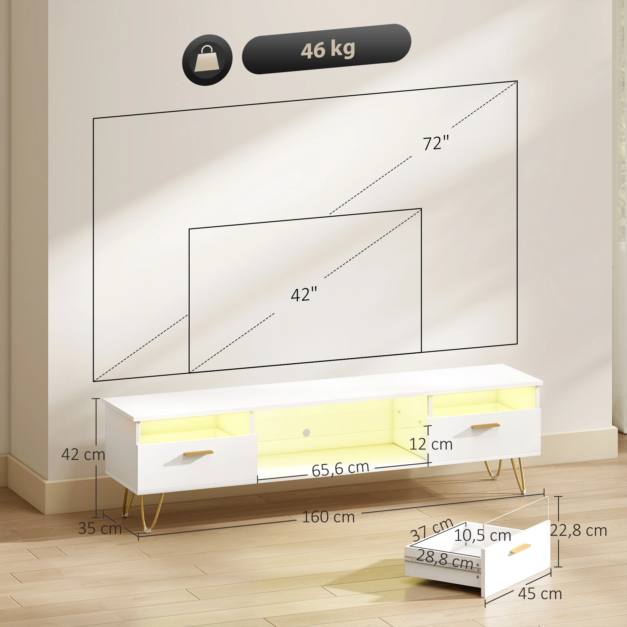 Meuble TV avec LED RGB de 16 couleurs meuble télé pour téléviseur jusqu'à 42 à 120 pouces avec 2 tiroirs et étagère ouverte, banc TV moderne pour salon chambre à coucher, 160x35x42cm, blanc - Image 4