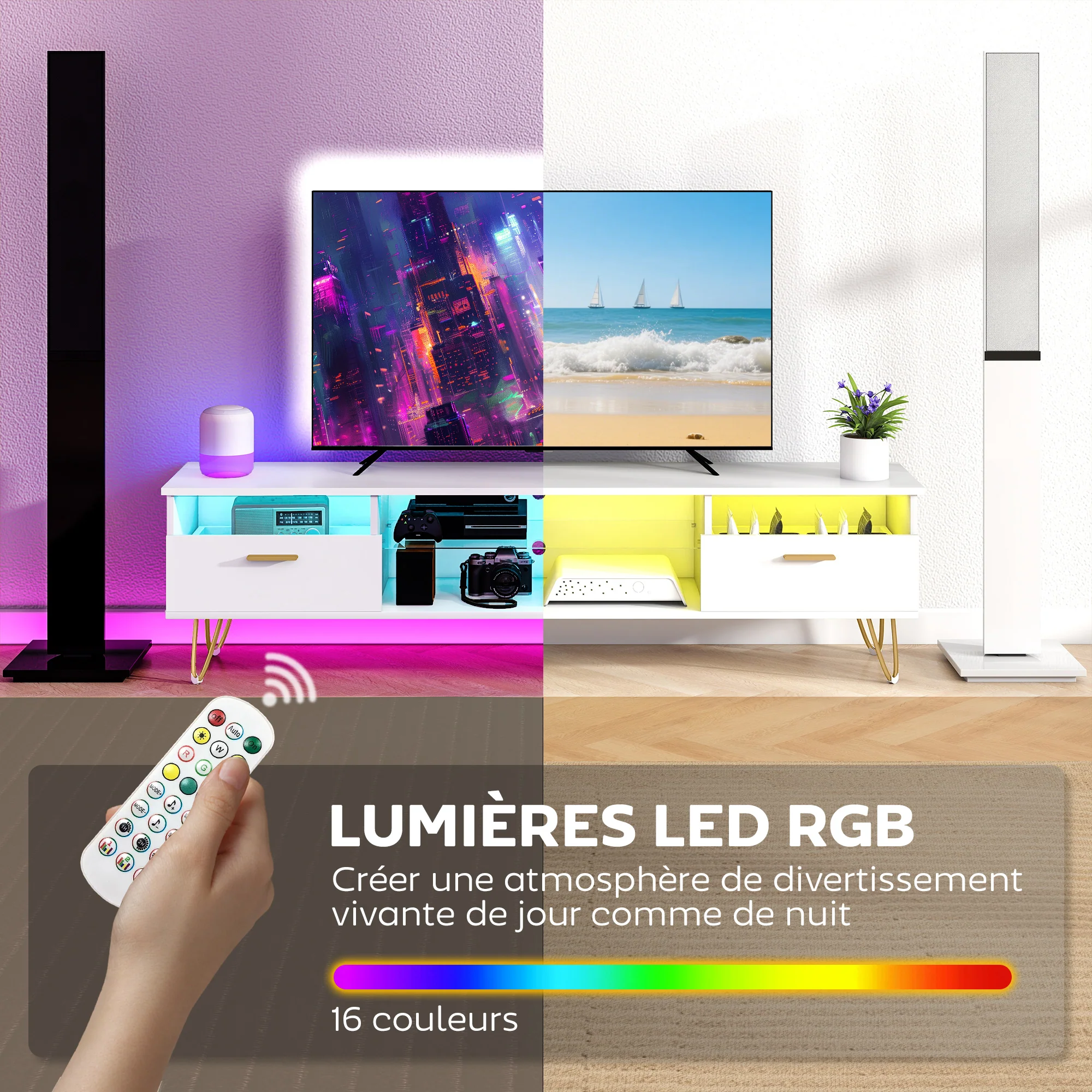 Meuble TV avec LED RGB de 16 couleurs meuble télé pour téléviseur jusqu'à 42 à 120 pouces avec 2 tiroirs et étagère ouverte, banc TV moderne pour salon chambre à coucher, 160x35x42cm, blanc - Image 5
