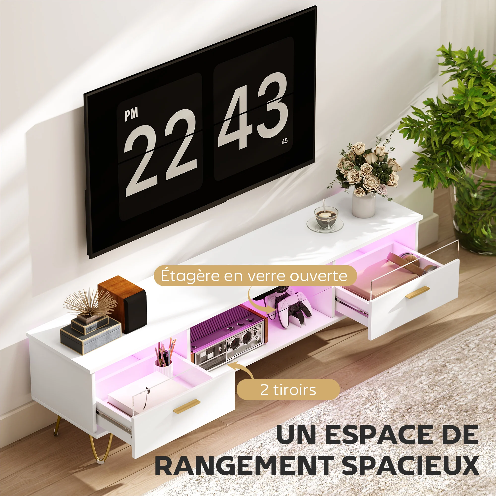 Meuble TV avec LED RGB de 16 couleurs meuble télé pour téléviseur jusqu'à 42 à 120 pouces avec 2 tiroirs et étagère ouverte, banc TV moderne pour salon chambre à coucher, 160x35x42cm, blanc - Image 6