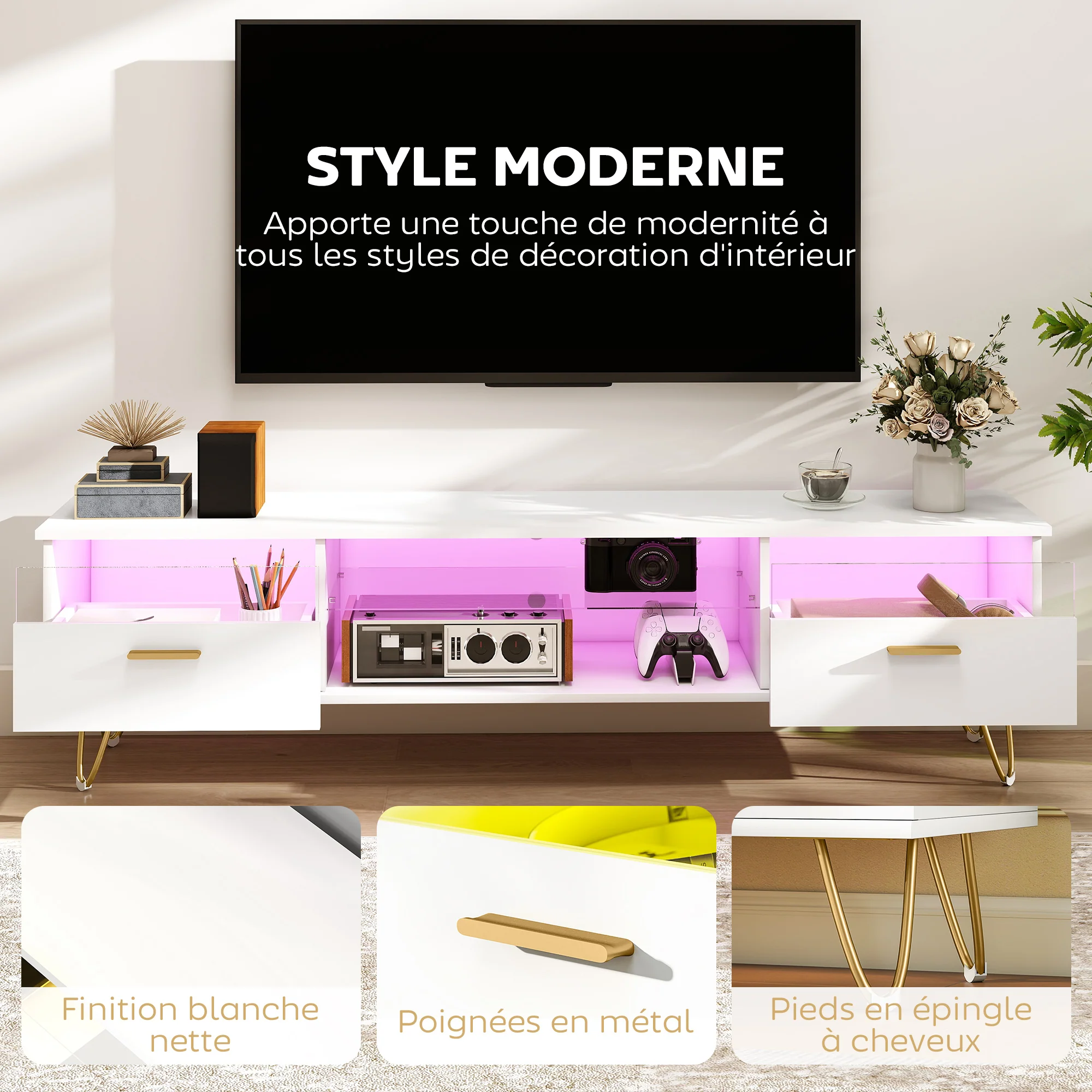 Meuble TV avec LED RGB de 16 couleurs meuble télé pour téléviseur jusqu'à 42 à 120 pouces avec 2 tiroirs et étagère ouverte, banc TV moderne pour salon chambre à coucher, 160x35x42cm, blanc - Image 7