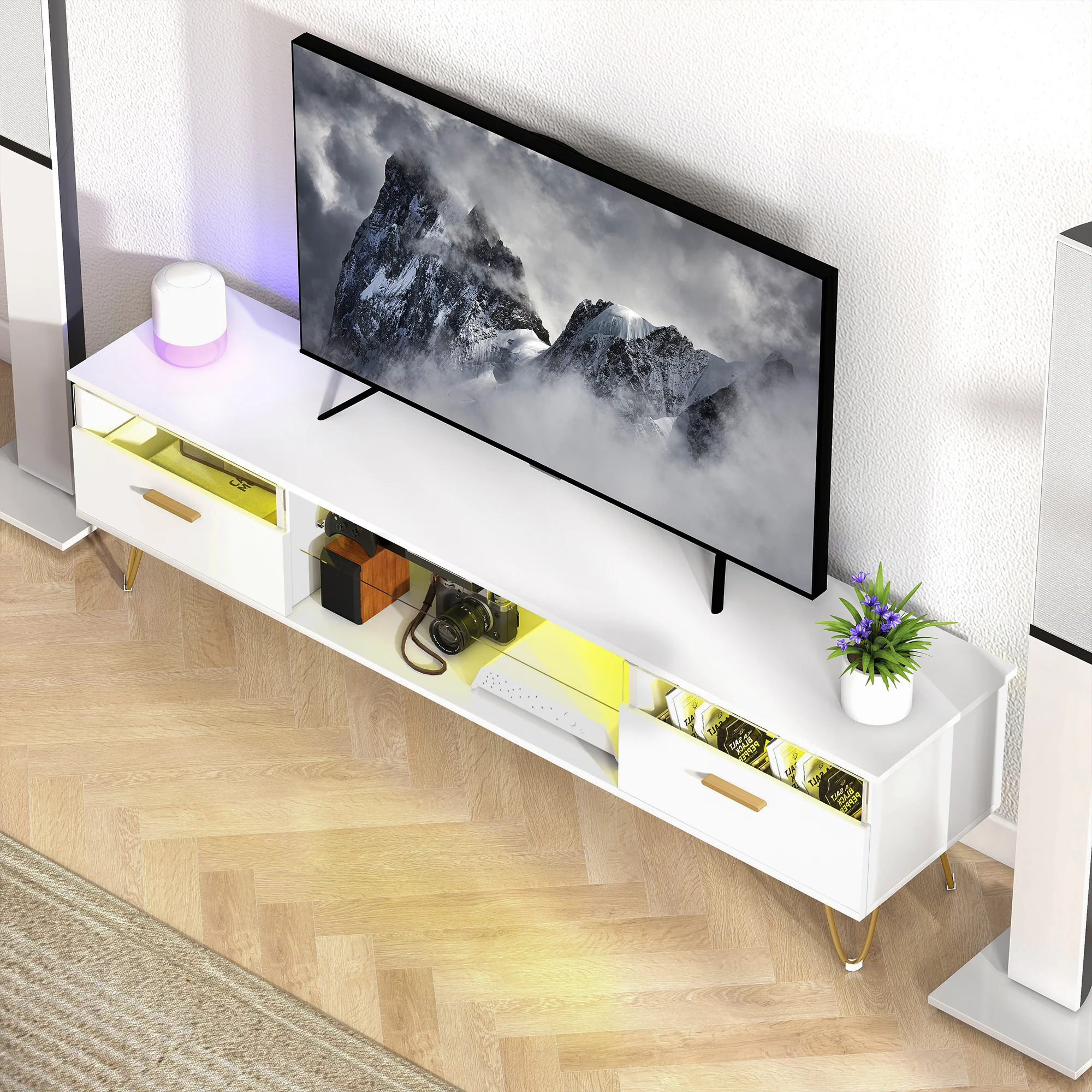 Meuble TV avec LED RGB de 16 couleurs meuble télé pour téléviseur jusqu'à 42 à 120 pouces avec 2 tiroirs et étagère ouverte, banc TV moderne pour salon chambre à coucher, 160x35x42cm, blanc - Image 8