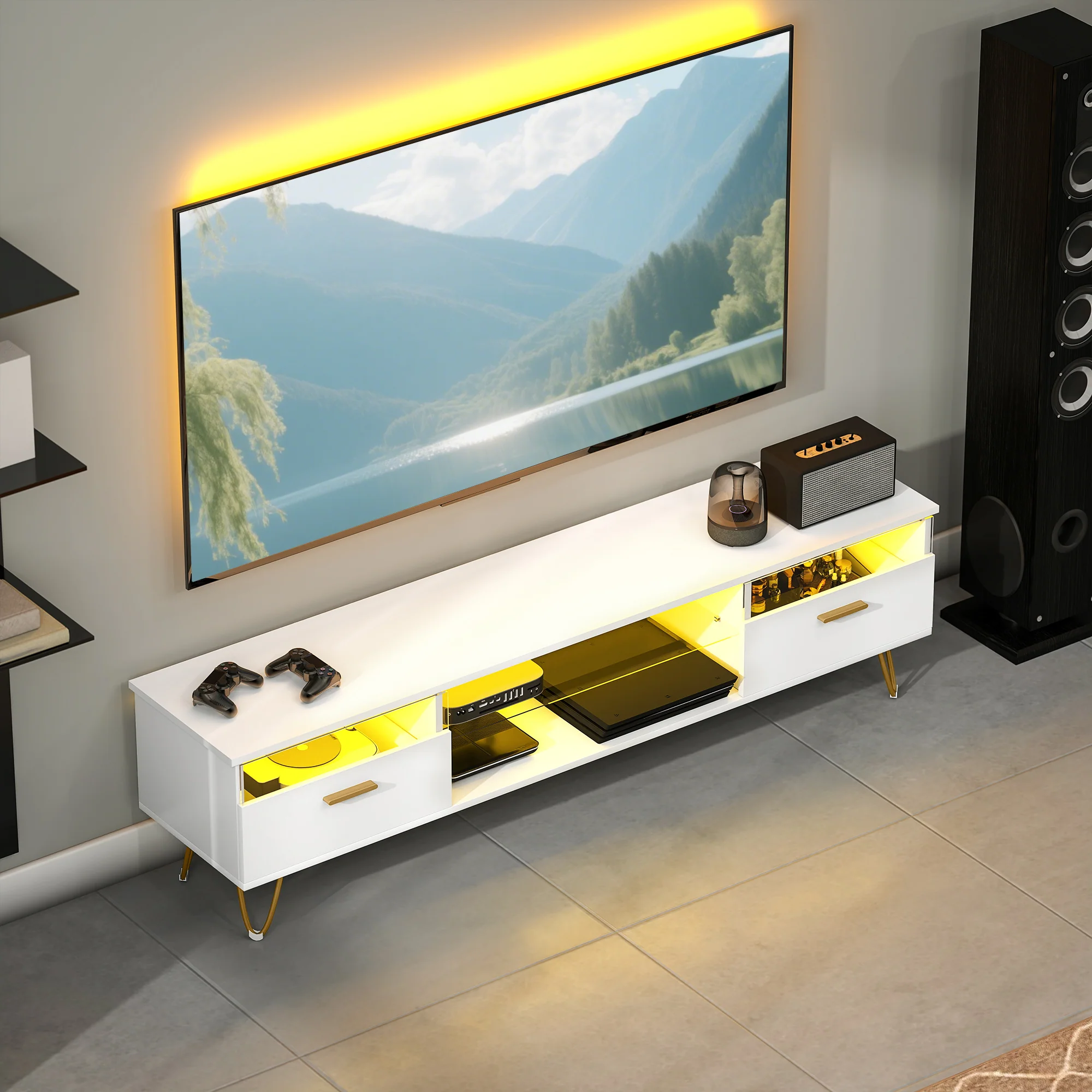 Meuble TV avec LED RGB de 16 couleurs meuble télé pour téléviseur jusqu'à 42 à 120 pouces avec 2 tiroirs et étagère ouverte, banc TV moderne pour salon chambre à coucher, 160x35x42cm, blanc - Image 9