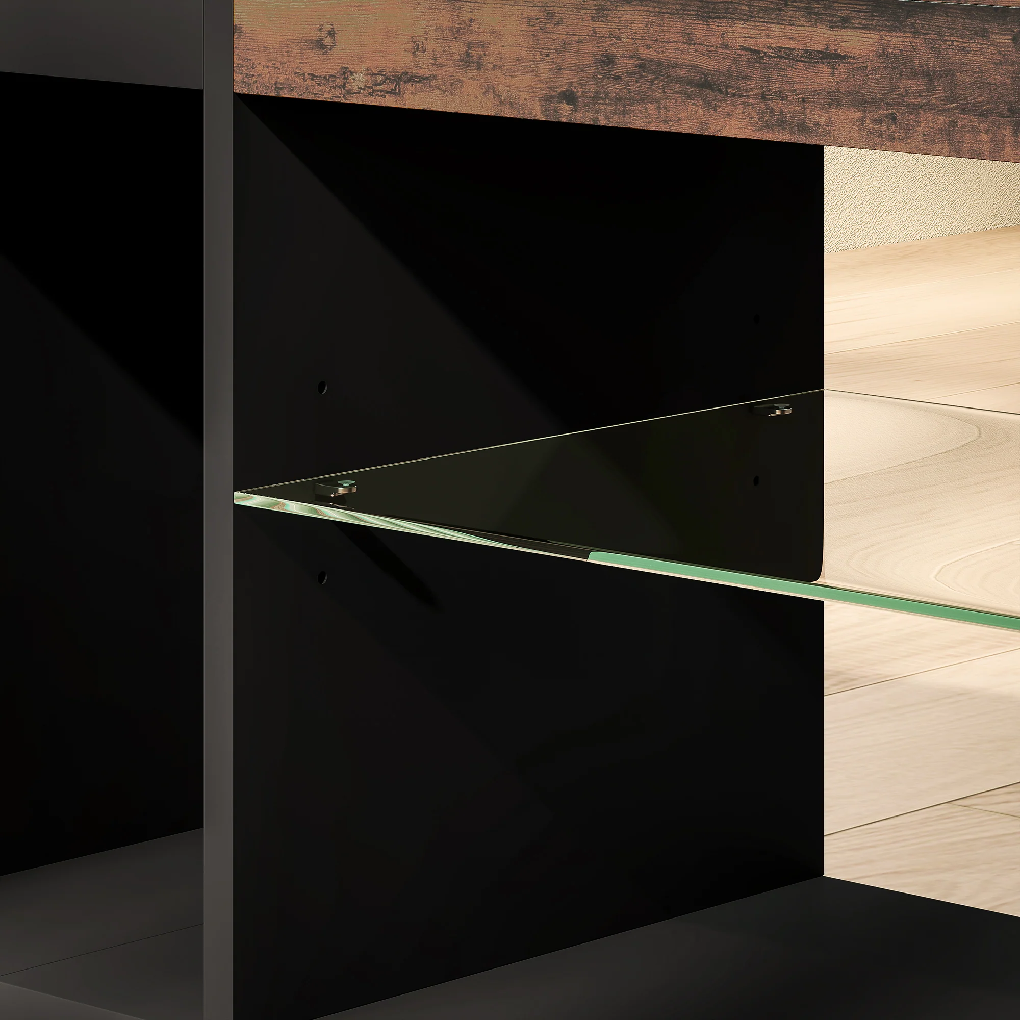 Meuble TV avec lumières LED et télécommande, meuble télé bois banc TV pour téléviseur jusqu'à 65 pouces avec étagères et compartiments ouvert, pour salon chambre à coucher, 140x35x47cm, marron - Image 10