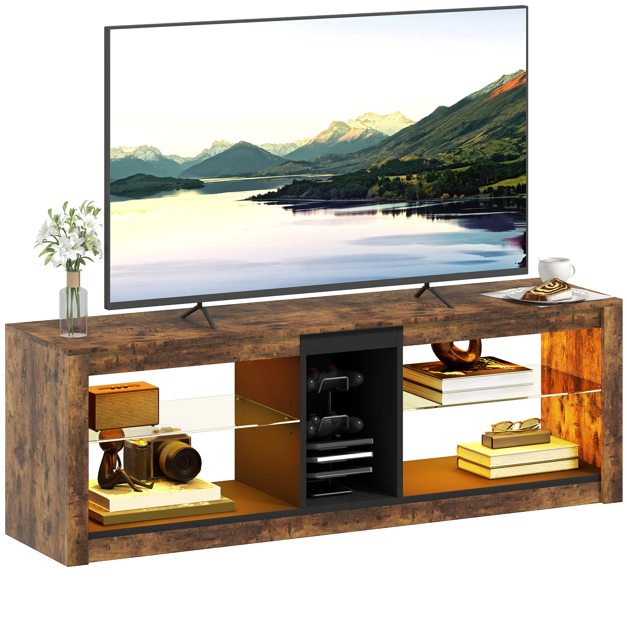 Meuble TV avec lumières LED et télécommande, meuble télé bois banc TV pour téléviseur jusqu'à 65 pouces avec étagères et compartiments ouvert, pour salon chambre à coucher, 140x35x47cm, marron - Image 11