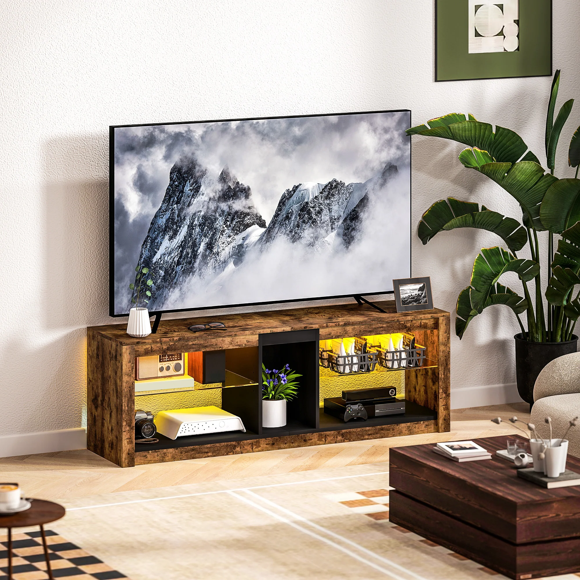 Meuble TV avec lumières LED et télécommande, meuble télé bois banc TV pour téléviseur jusqu'à 65 pouces avec étagères et compartiments ouvert, pour salon chambre à coucher, 140x35x47cm, marron - Image 3