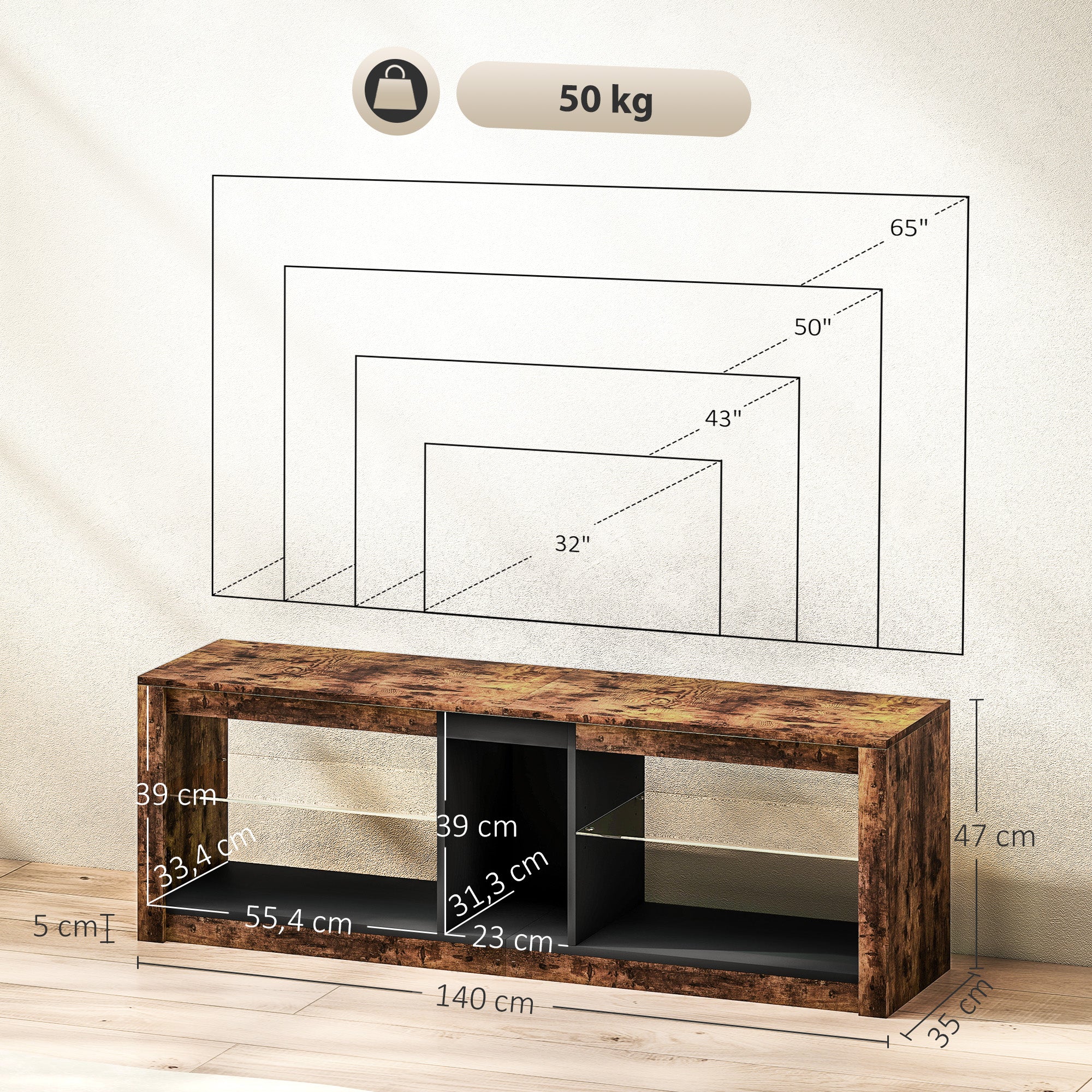 Meuble TV avec lumières LED et télécommande, meuble télé bois banc TV pour téléviseur jusqu'à 65 pouces avec étagères et compartiments ouvert, pour salon chambre à coucher, 140x35x47cm, marron - Image 4