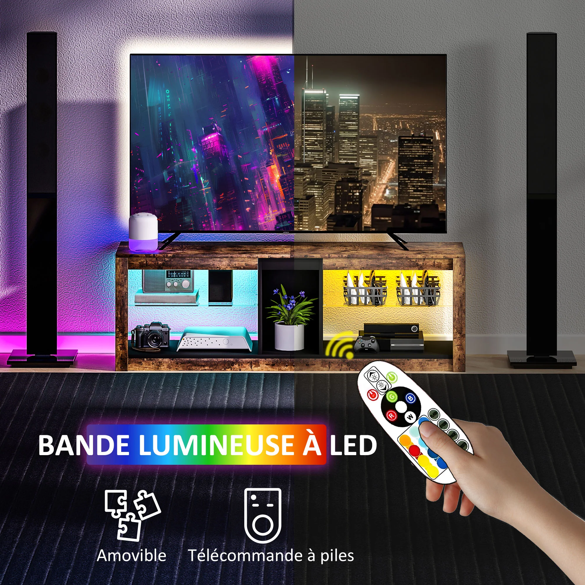 Meuble TV avec lumières LED et télécommande, meuble télé bois banc TV pour téléviseur jusqu'à 65 pouces avec étagères et compartiments ouvert, pour salon chambre à coucher, 140x35x47cm, marron - Image 5