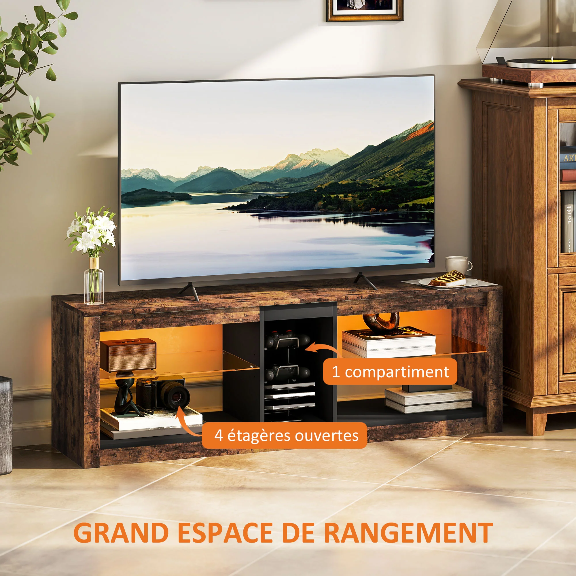 Meuble TV avec lumières LED et télécommande, meuble télé bois banc TV pour téléviseur jusqu'à 65 pouces avec étagères et compartiments ouvert, pour salon chambre à coucher, 140x35x47cm, marron - Image 6