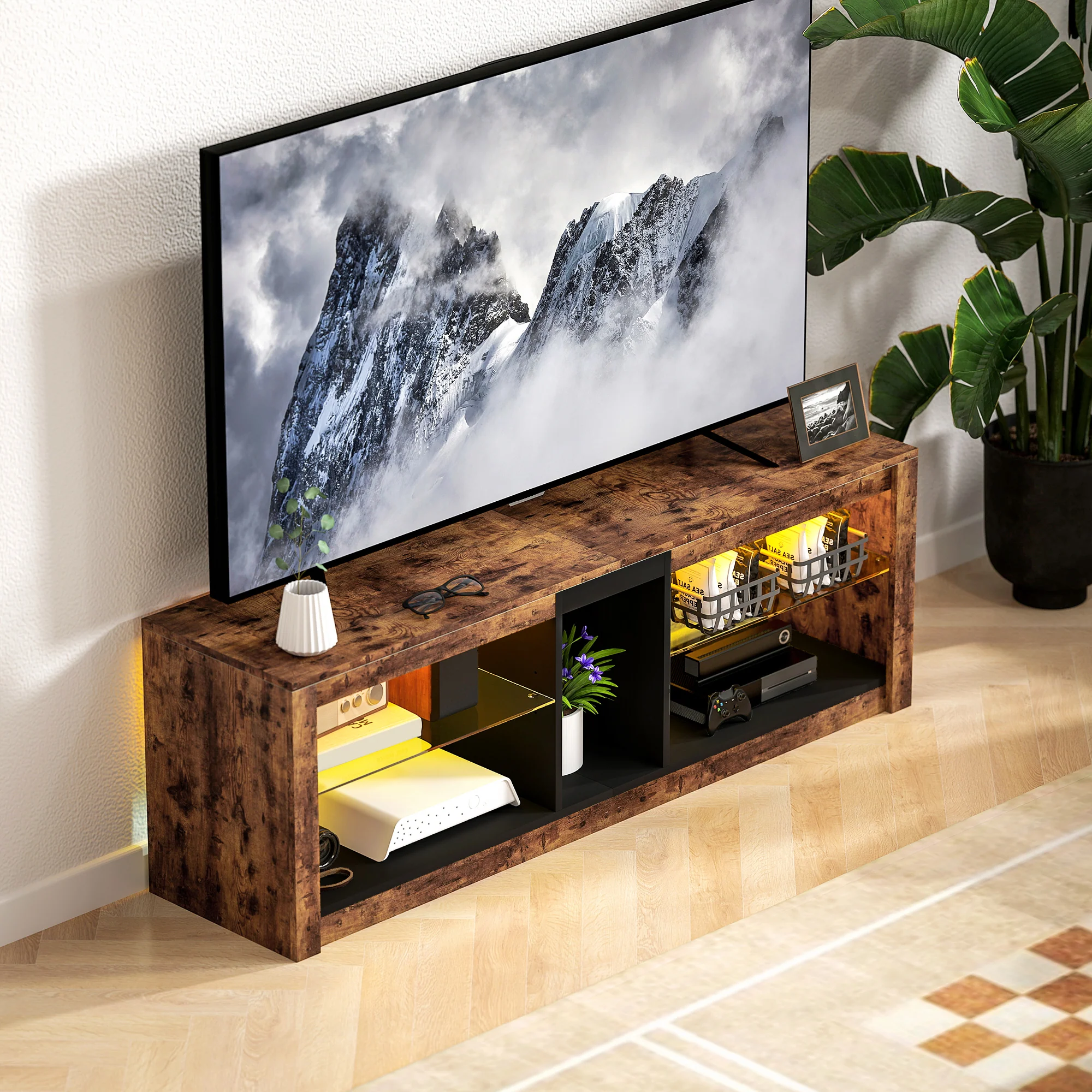 Meuble TV avec lumières LED et télécommande, meuble télé bois banc TV pour téléviseur jusqu'à 65 pouces avec étagères et compartiments ouvert, pour salon chambre à coucher, 140x35x47cm, marron - Image 7
