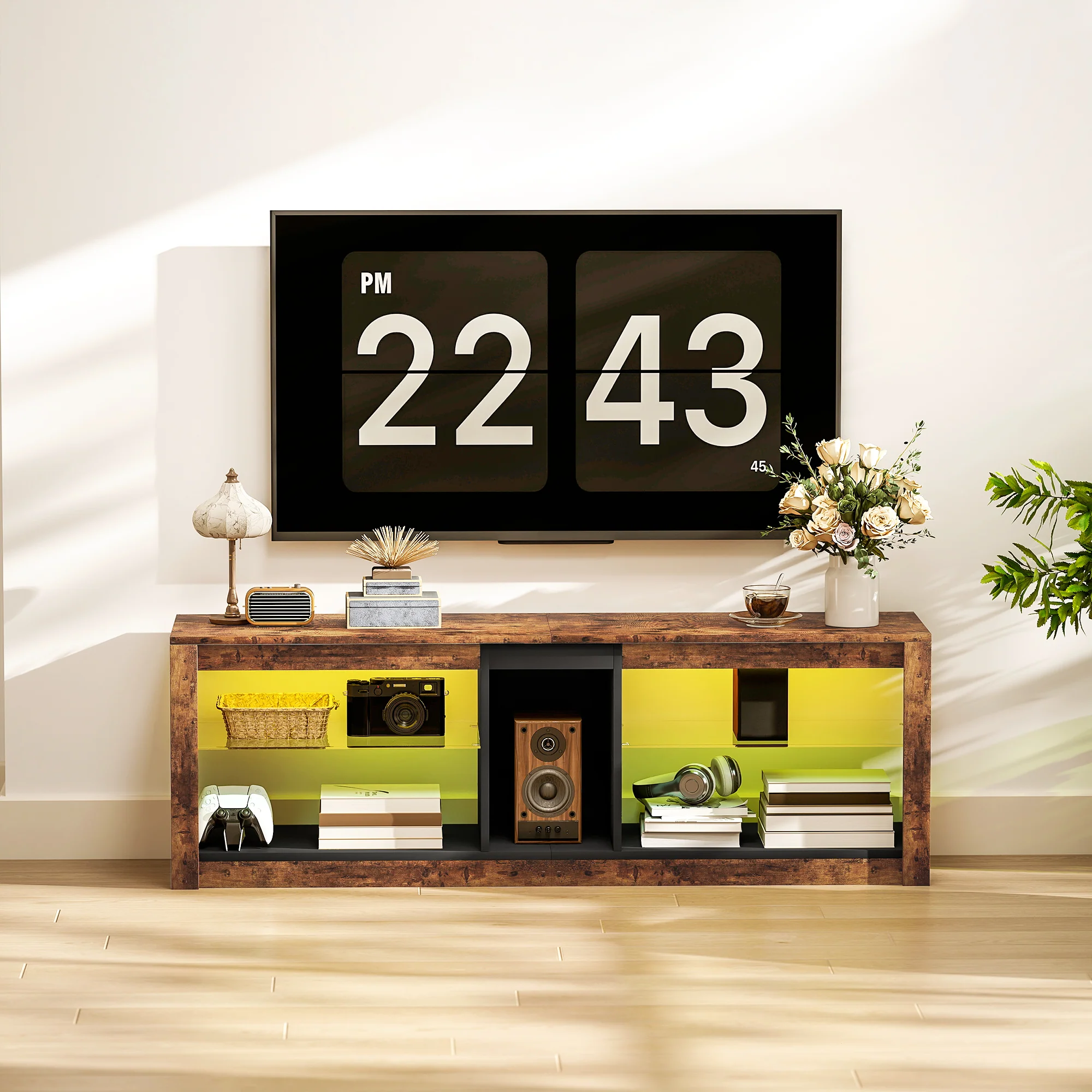 Meuble TV avec lumières LED et télécommande, meuble télé bois banc TV pour téléviseur jusqu'à 65 pouces avec étagères et compartiments ouvert, pour salon chambre à coucher, 140x35x47cm, marron - Image 8
