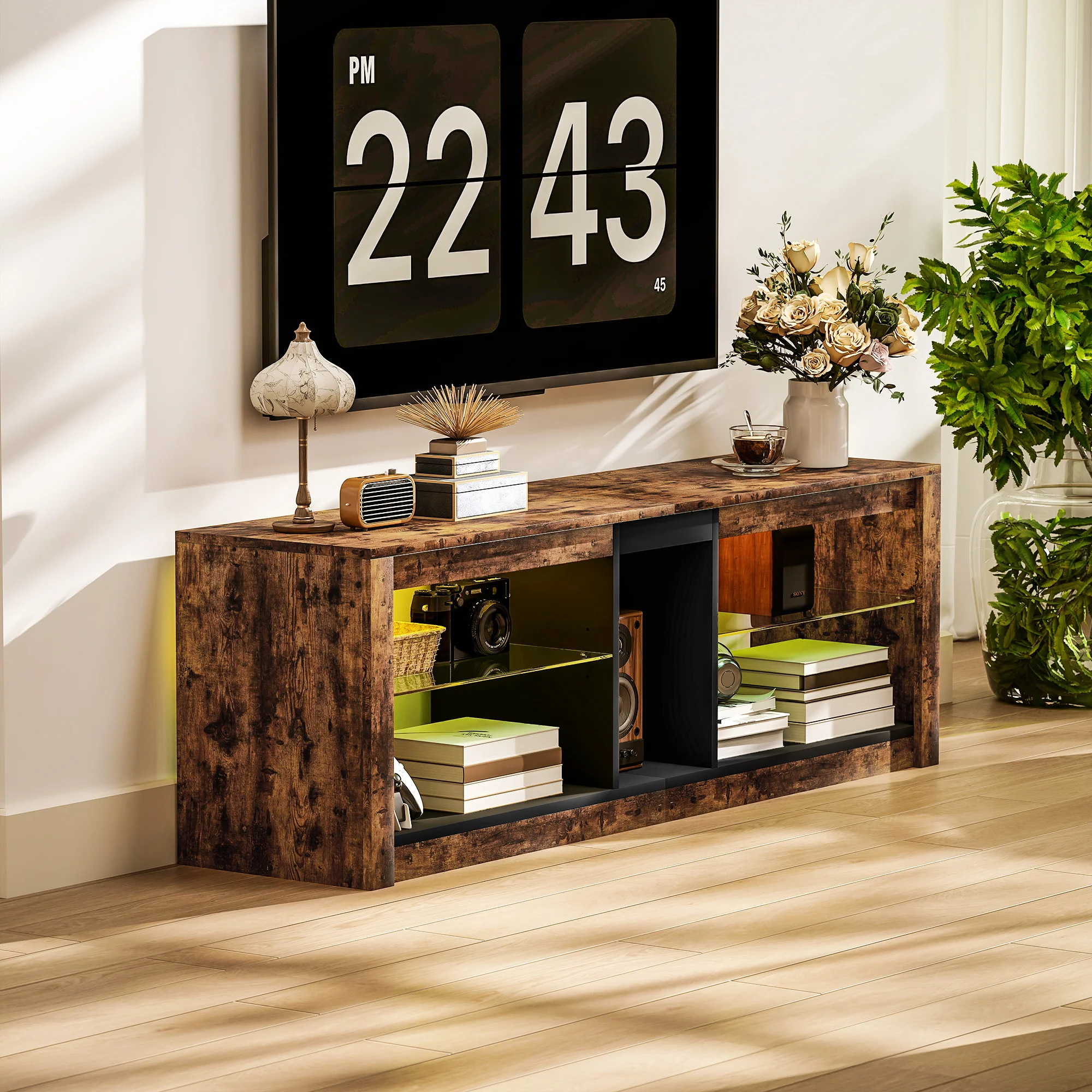 Meuble TV avec lumières LED et télécommande, meuble télé bois banc TV pour téléviseur jusqu'à 65 pouces avec étagères et compartiments ouvert, pour salon chambre à coucher, 140x35x47cm, marron - Image 9