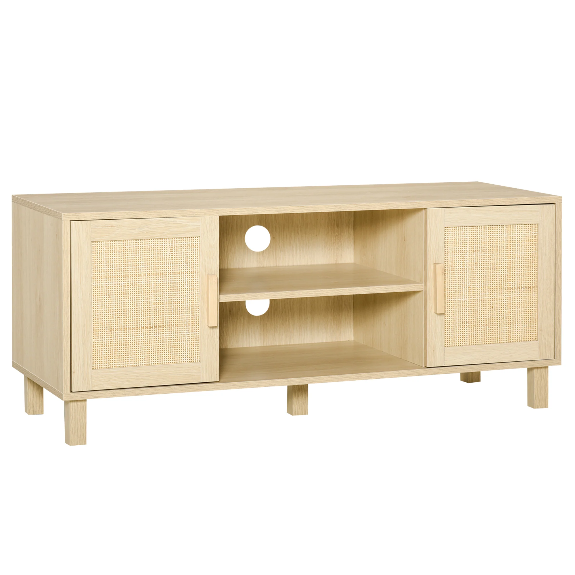 Meuble TV Banc TV 2 niches 2 placards Porte cannage en rotin dim. 115L x 40l x 48H cm MDF Aspect Bois Clair - Image 11
