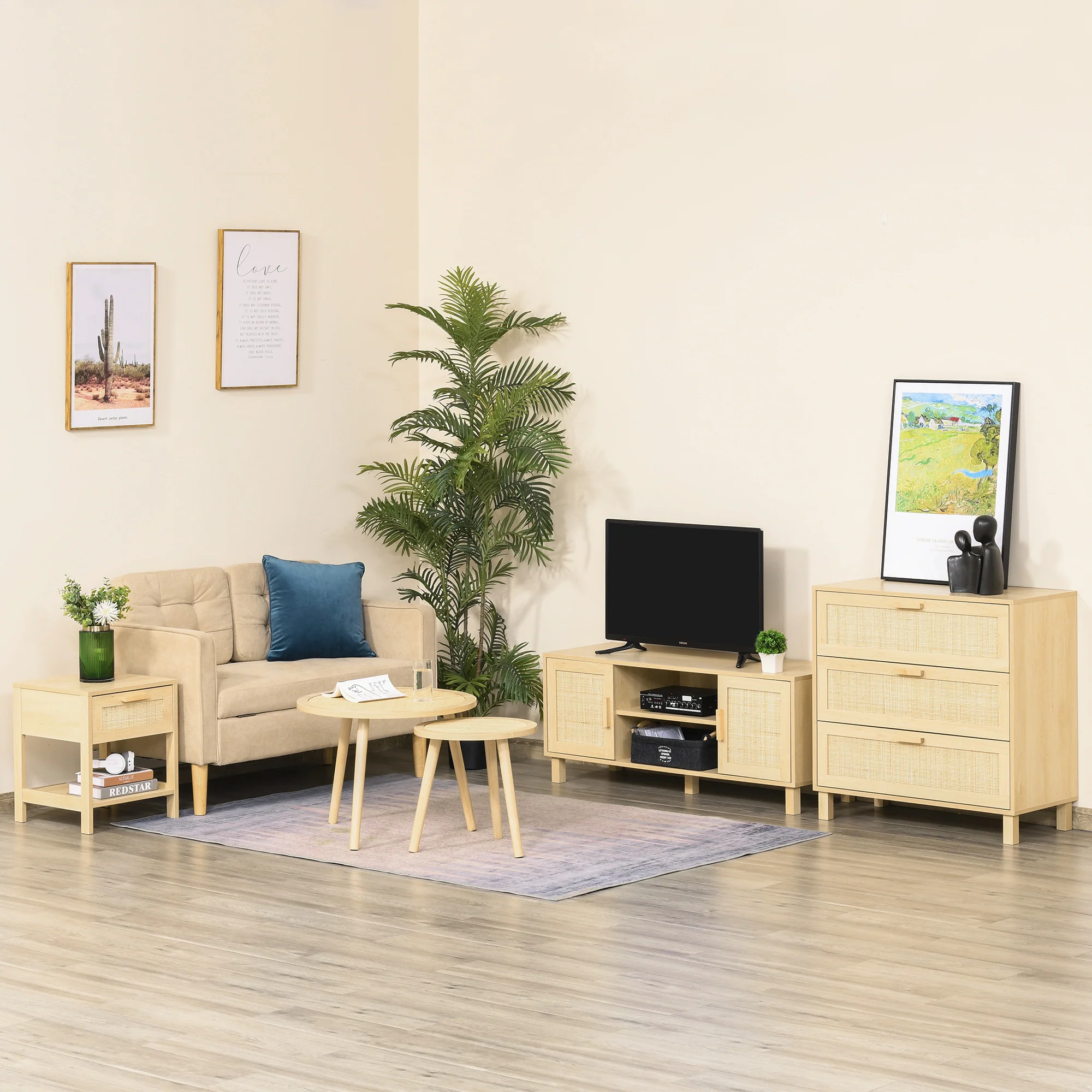 Meuble TV Banc TV 2 niches 2 placards Porte cannage en rotin dim. 115L x 40l x 48H cm MDF Aspect Bois Clair - Image 3