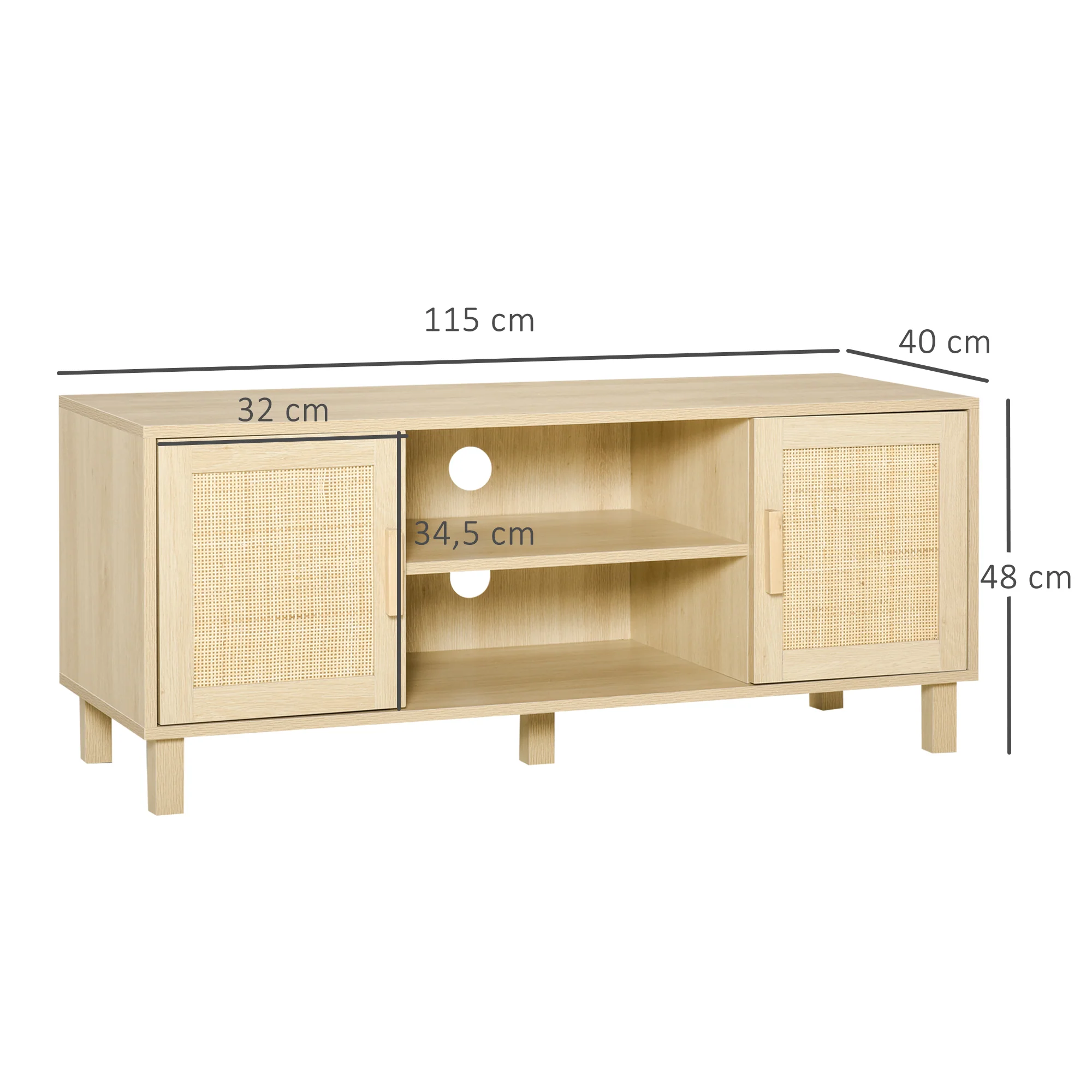 Meuble TV Banc TV 2 niches 2 placards Porte cannage en rotin dim. 115L x 40l x 48H cm MDF Aspect Bois Clair - Image 4