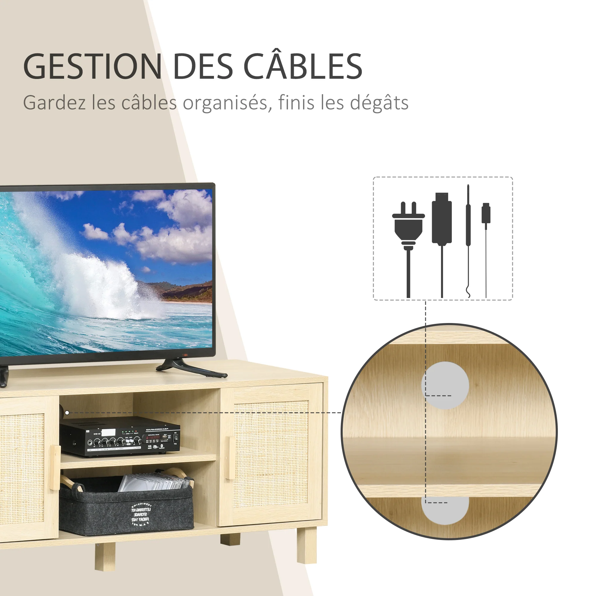 Meuble TV Banc TV 2 niches 2 placards Porte cannage en rotin dim. 115L x 40l x 48H cm MDF Aspect Bois Clair - Image 5