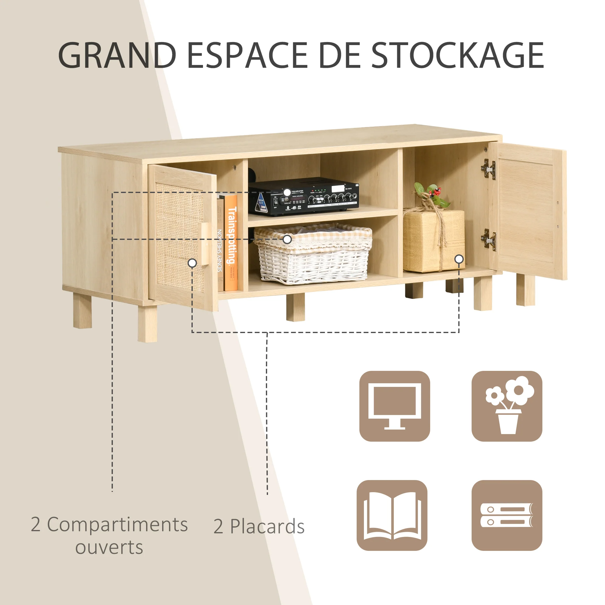Meuble TV Banc TV 2 niches 2 placards Porte cannage en rotin dim. 115L x 40l x 48H cm MDF Aspect Bois Clair - Image 6