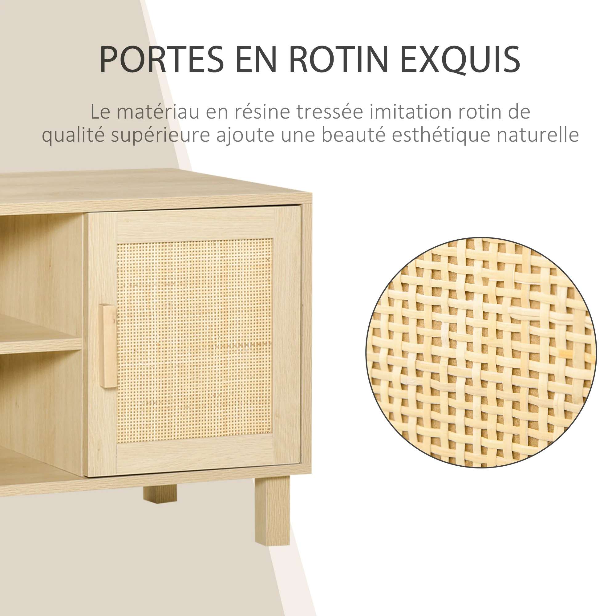Meuble TV Banc TV 2 niches 2 placards Porte cannage en rotin dim. 115L x 40l x 48H cm MDF Aspect Bois Clair - Image 7
