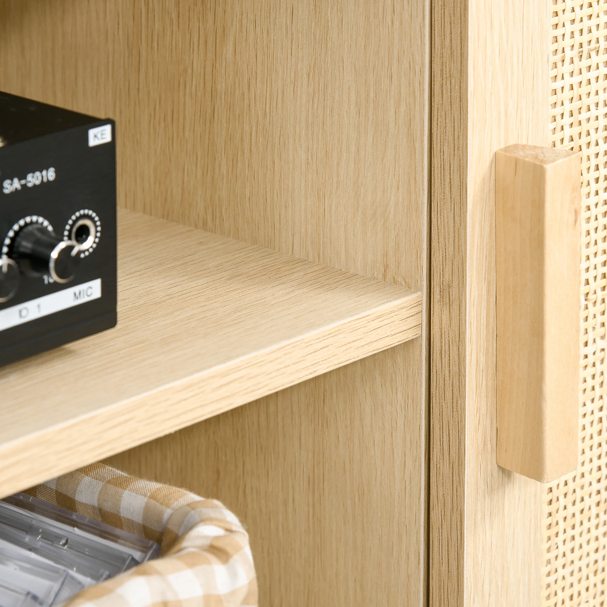 Meuble TV Banc TV 2 niches 2 placards Porte cannage en rotin dim. 115L x 40l x 48H cm MDF Aspect Bois Clair - Image 8
