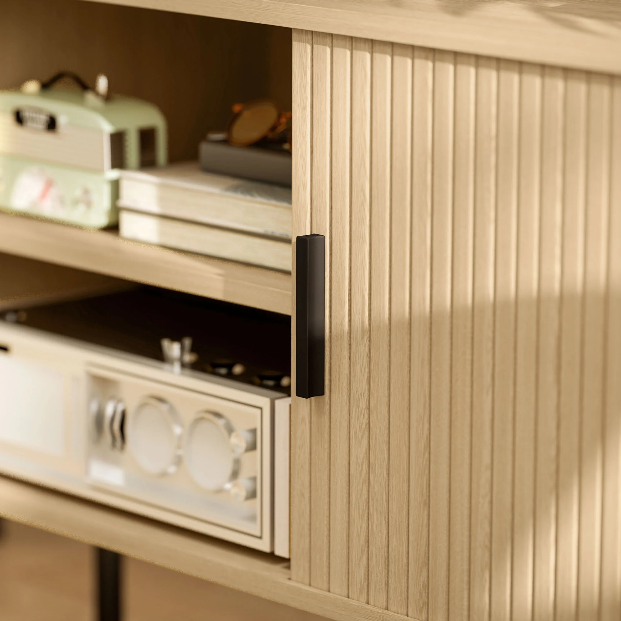 Meuble TV, banc TV, avec 2 portes tambour à lamelles, 120 cm, design scandinave, meuble TV pour télévision jusqu'à 55 pouces, ton chêne - Image 10