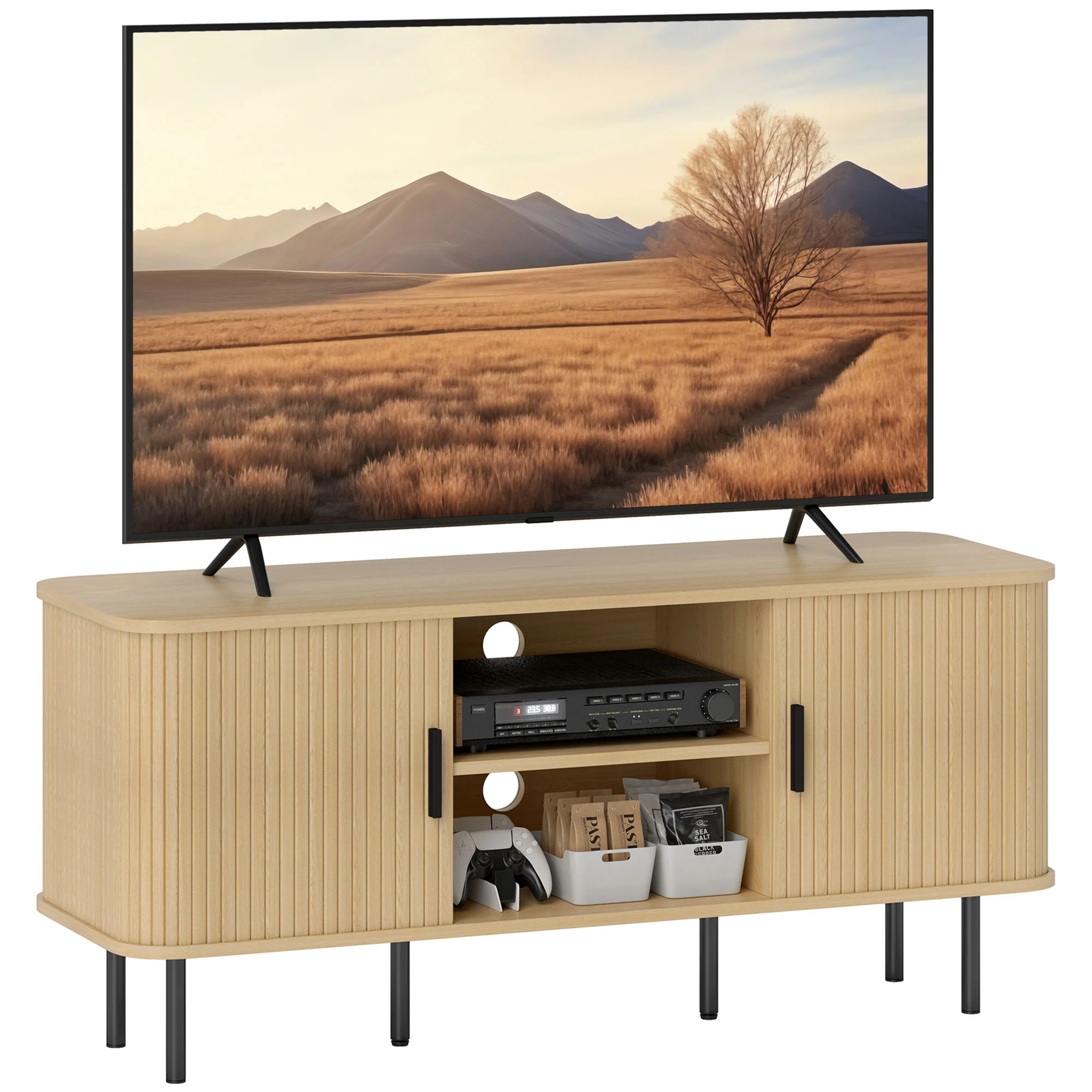 Meuble TV, banc TV, avec 2 portes tambour à lamelles, 120 cm, design scandinave, meuble TV pour télévision jusqu'à 55 pouces, ton chêne - Image 11