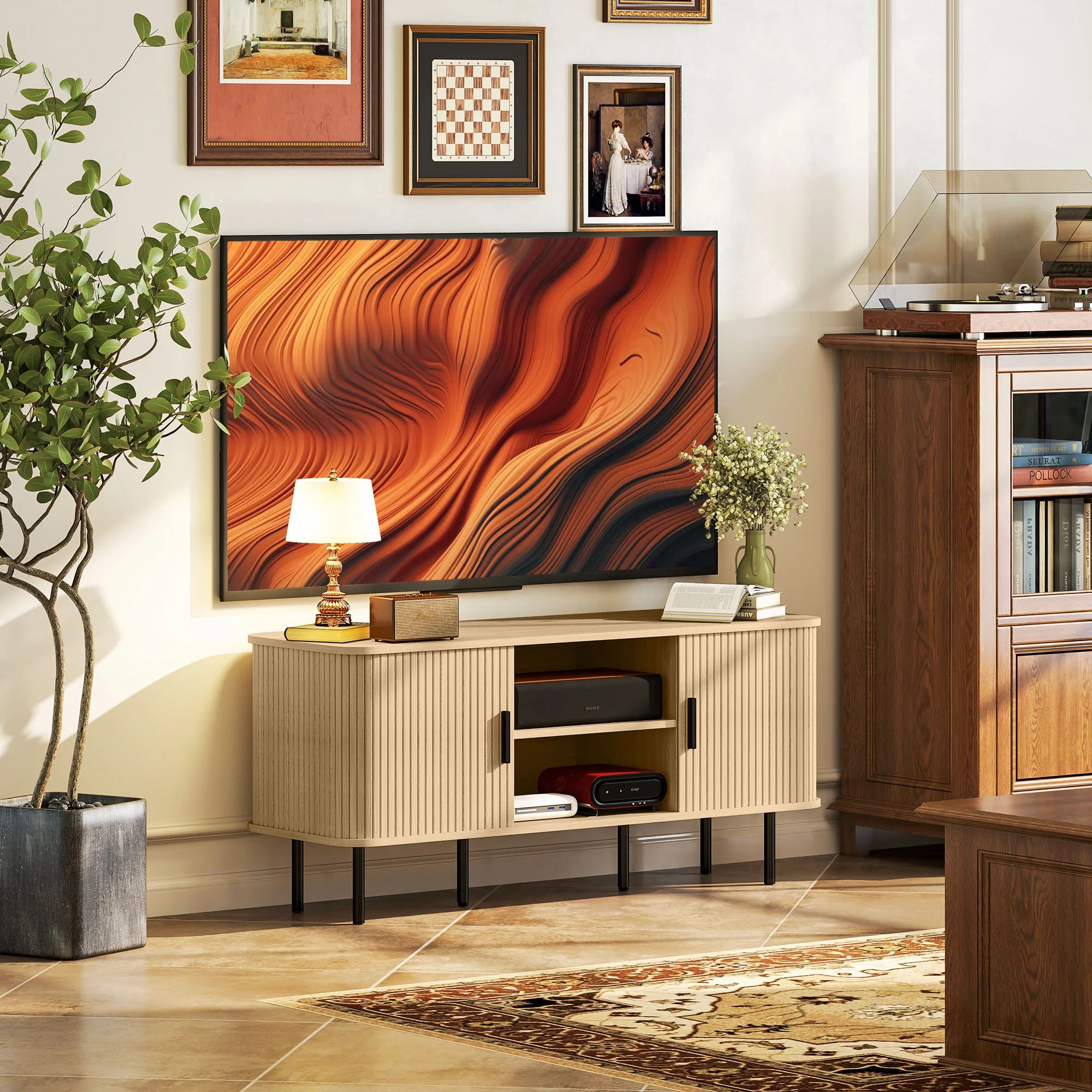 Meuble TV, banc TV, avec 2 portes tambour à lamelles, 120 cm, design scandinave, meuble TV pour télévision jusqu'à 55 pouces, ton chêne - Image 3