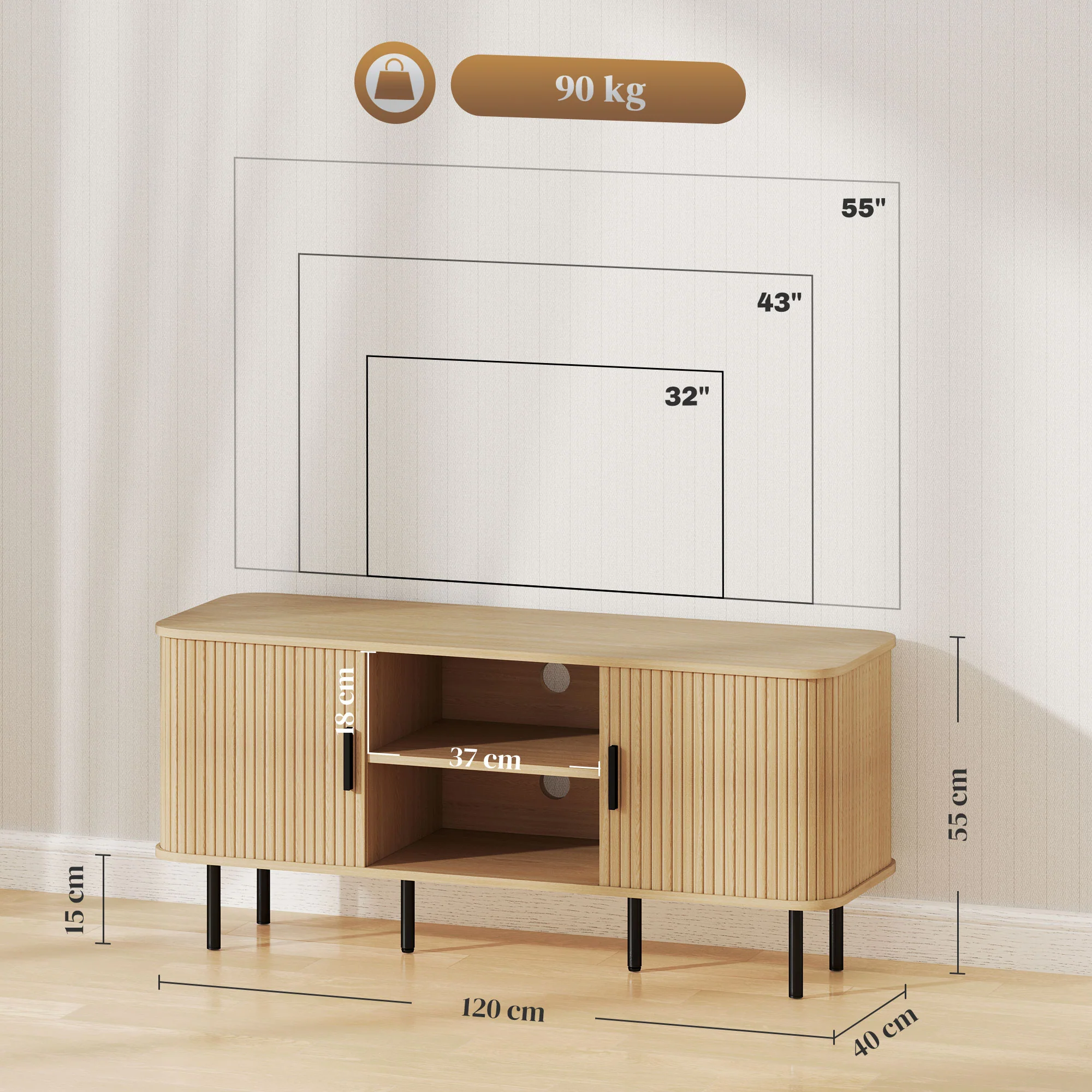 Meuble TV, banc TV, avec 2 portes tambour à lamelles, 120 cm, design scandinave, meuble TV pour télévision jusqu'à 55 pouces, ton chêne - Image 4