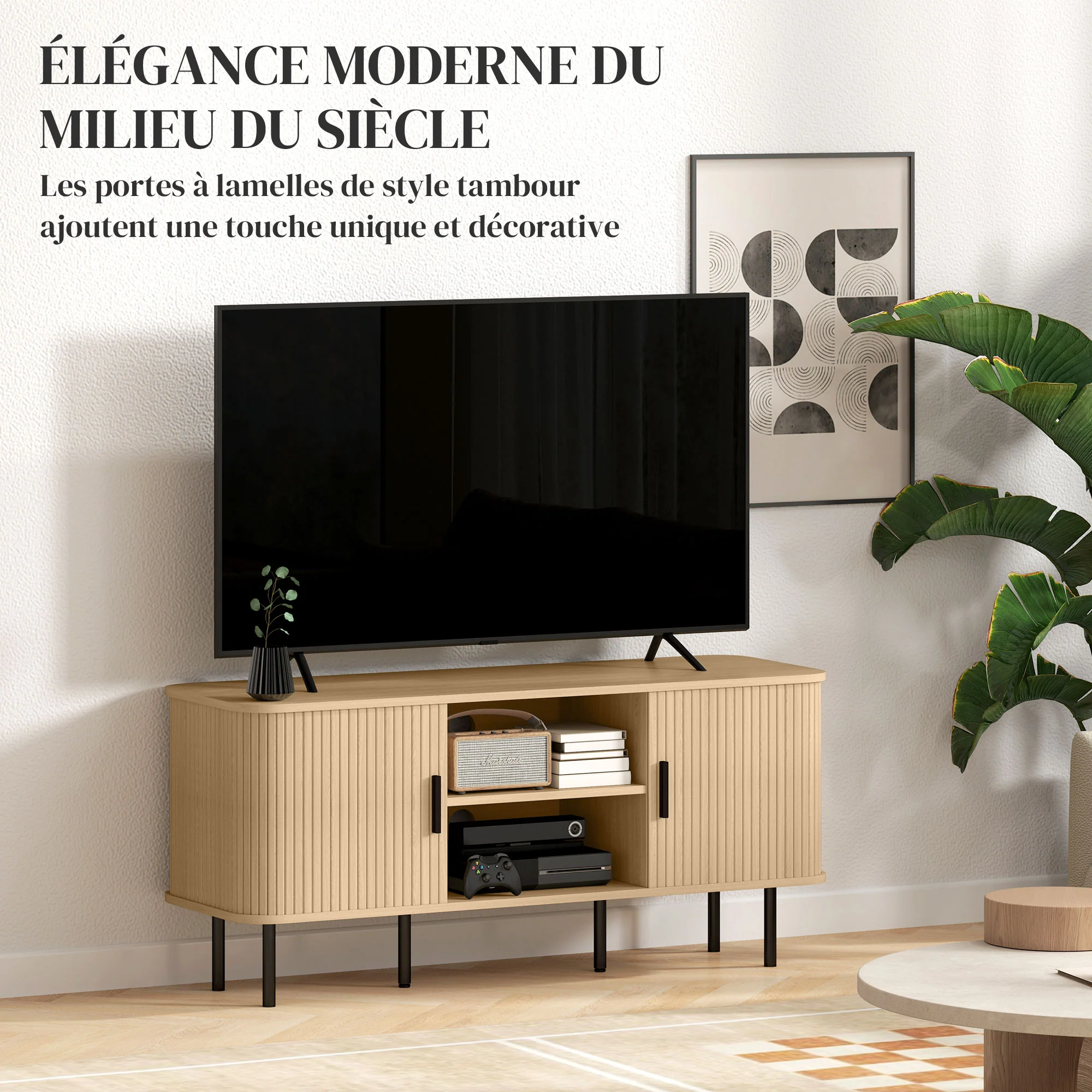 Meuble TV, banc TV, avec 2 portes tambour à lamelles, 120 cm, design scandinave, meuble TV pour télévision jusqu'à 55 pouces, ton chêne - Image 5
