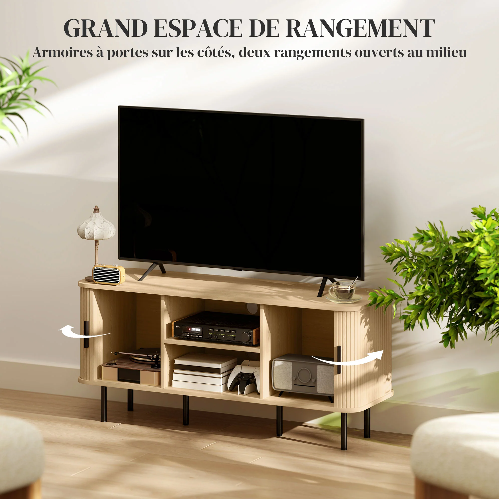 Meuble TV, banc TV, avec 2 portes tambour à lamelles, 120 cm, design scandinave, meuble TV pour télévision jusqu'à 55 pouces, ton chêne - Image 6