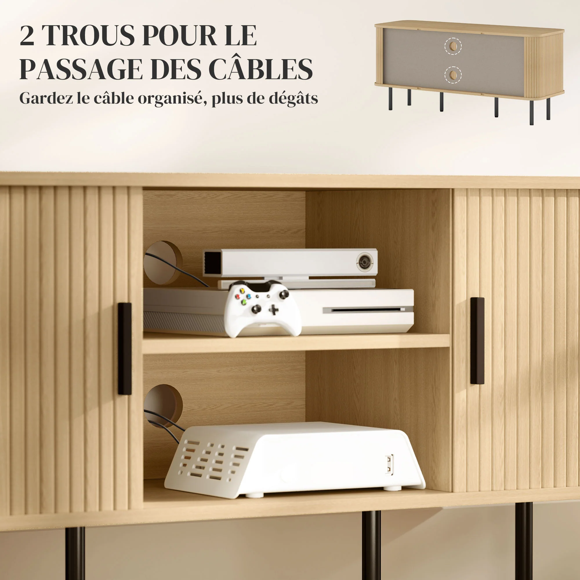Meuble TV, banc TV, avec 2 portes tambour à lamelles, 120 cm, design scandinave, meuble TV pour télévision jusqu'à 55 pouces, ton chêne - Image 7