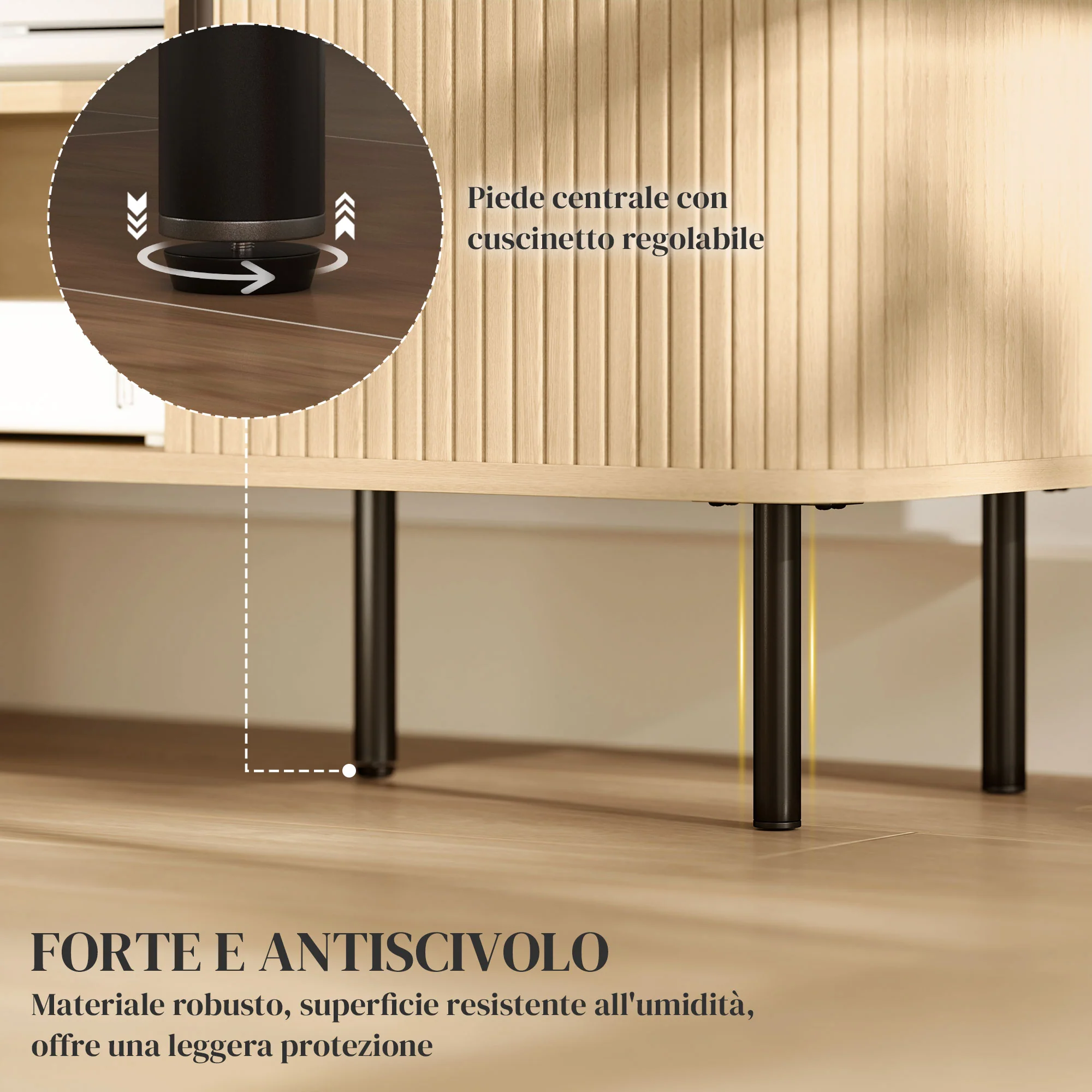 Meuble TV, banc TV, avec 2 portes tambour à lamelles, 120 cm, design scandinave, meuble TV pour télévision jusqu'à 55 pouces, ton chêne - Image 8