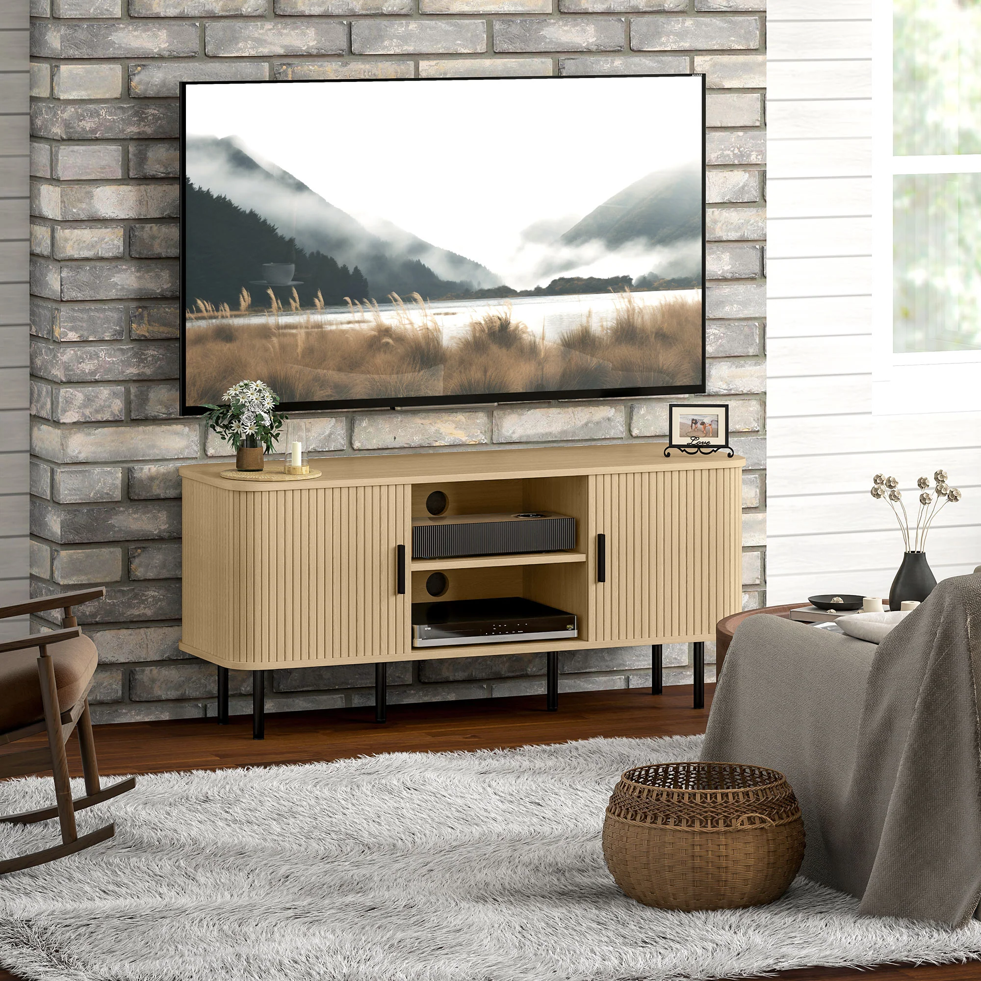 Meuble TV, banc TV, avec 2 portes tambour à lamelles, 120 cm, design scandinave, meuble TV pour télévision jusqu'à 55 pouces, ton chêne - Image 9