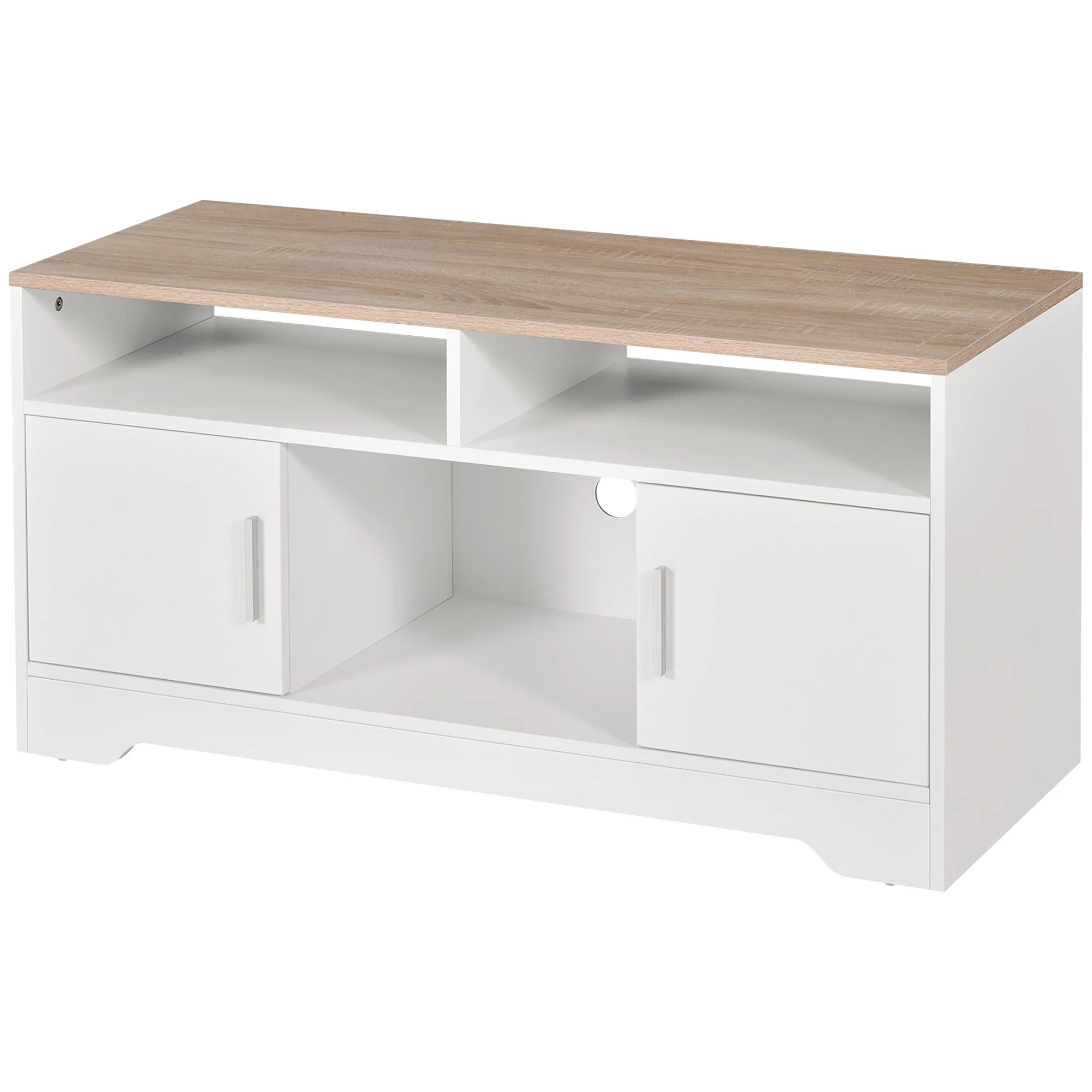 Meuble TV Banc TV en Bois Grand Espace de Rangement avec 2 Compartiments Ouverts 2 Armoires à Porte Une Armoire Ouverte 105 x 40 x 52 cm Blanc