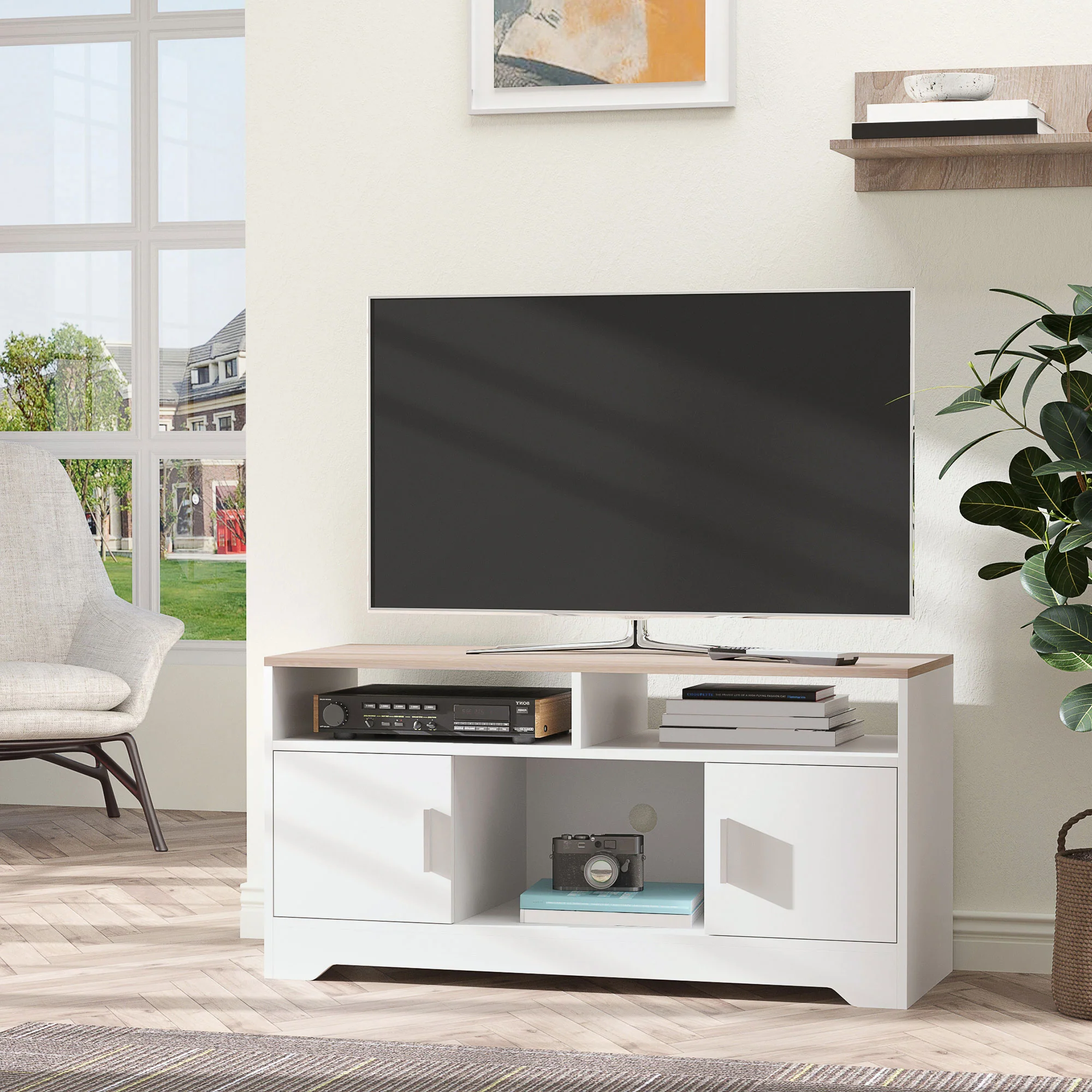 Meuble TV Banc TV en Bois Grand Espace de Rangement avec 2 Compartiments Ouverts 2 Armoires à Porte Une Armoire Ouverte 105 x 40 x 52 cm Blanc - Image 3